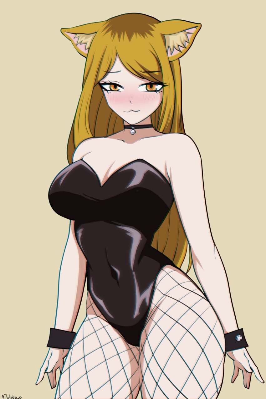 animal ears, breasts, brown eyes, brown hair, cat ears, cat girl, cleavage, embarrassed, fishnets, kansai neko (yani neko), large breasts, leotard, looking at viewer, moloko ov, nishi kaoruko, thick thighs, thighs, yani neko