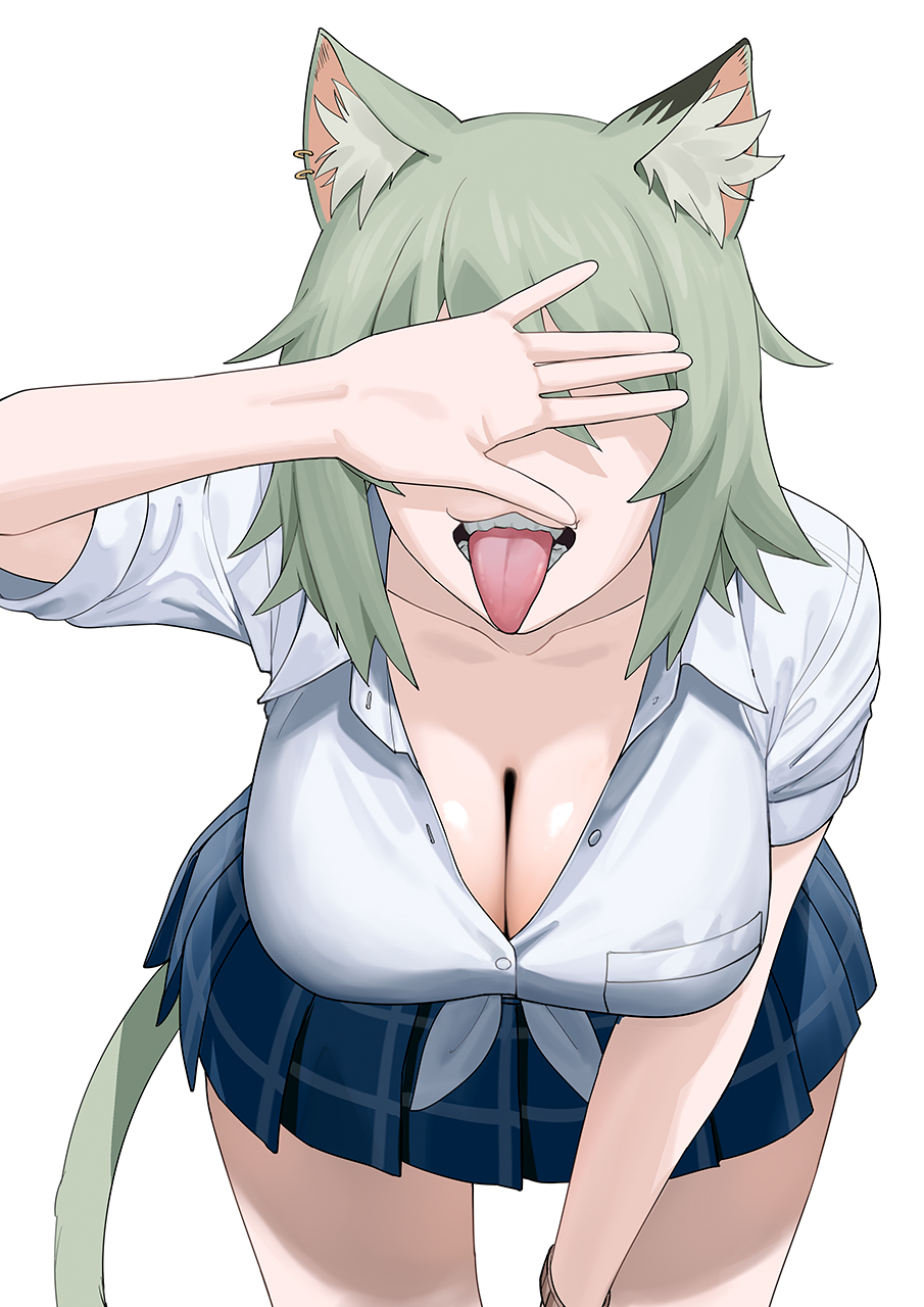 1girl, animal ear fluff, animal ears, blue skirt, breast pocket, breasts, cat ears, cat girl, cat tail, cigarette, cleavage, collarbone, commentary request, covering face, faceless, faceless female, facing viewer, hanging breasts, highres, large breasts, leaning forward, open mouth, palms, plaid clothes, plaid skirt, pleated skirt, pocket, satou yaniko, school uniform, shirt, simple background, skirt, sleeves rolled up, smile, solo, standing, tail, teeth, thighs, tongue, white background, white shirt, yani neko, yani neko (yani neko)