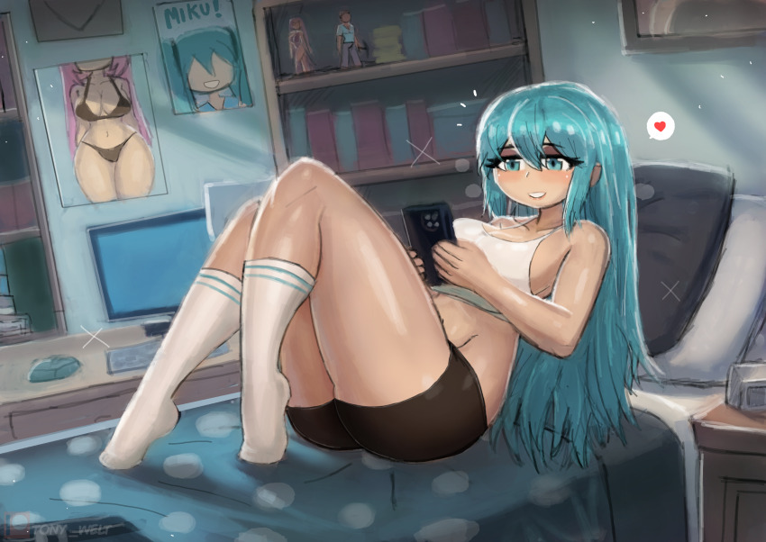 1girl, alarm clock, bed, bed sheet, bedroom, bike shorts, black bike shorts, blue eyes, blue hair, blush, book, bookshelf, breasts, cellphone, cleavage, clock, collarbone, computer, computer keyboard, computer mouse, crossover, desk, envelope, grin, hatsune miku, heart, holding, holding phone, large breasts, long hair, looking at phone, lying, megurine luka, midriff, minecraft, monitor, navel, nightstand, on bed, phone, picture frame, pillow, shirt, smartphone, smile, socks, sparkle, speech bubble, spoken heart, steve (minecraft), tank top, teeth, thick thighs, thighs, tony welt, toy, vocaloid, white shirt, white socks, wide hips