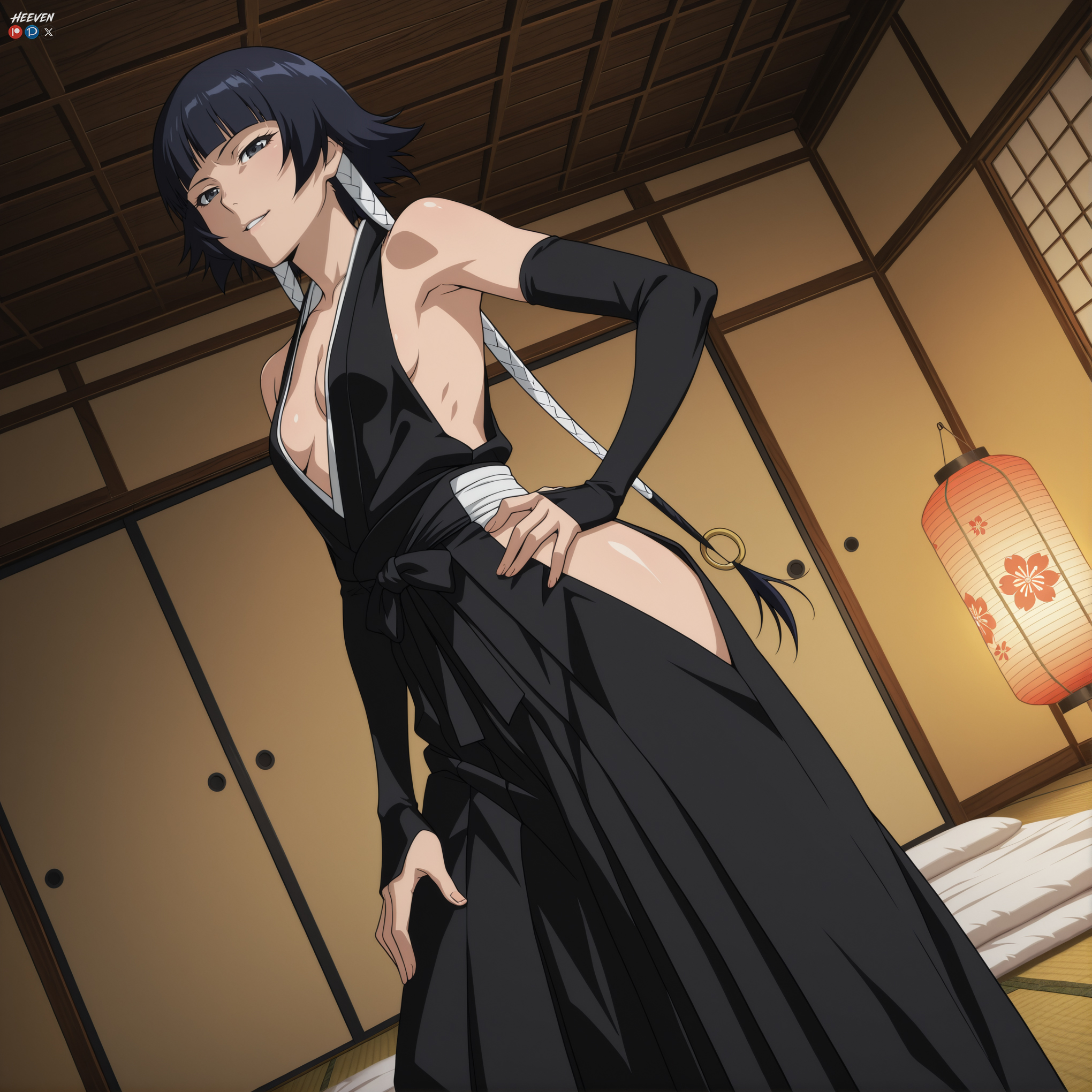 1girls, absurdres, adult, ai assisted, ai generated, armpits, bangs, big breasts, black eyes, black hair, black hakama, bleach, bleach: sennen kessen-hen, bleach: the thousand-year blood war, blunt bangs, breasts, detached sleeves, female, futon, hakama, hakama skirt, hand on hip, heeven, highres, hip vent, indoors, japanese clothes, kimono, lantern, looking at viewer, male, mature, parted lips, patreon, patreon username, perfect body, sensitive, short hair with long locks, sideboob, sliding doors, small breasts, smile, soifon, solo, standing, sui-feng, uncensored
