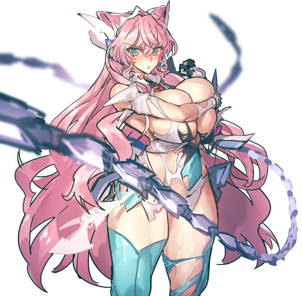 big breasts, blue eyes, blush, breasts, cat ears, cat girl, catgirl, covering breasts, embarrassed nude female, enf, female, huge breasts, hugging breasts, long hair, looking at viewer, maria cadenzavna eve, melon22, muscular, muscular thighs, pink hair, ripped clothing, senki zesshou symphogear, thighhighs, weapon, whip