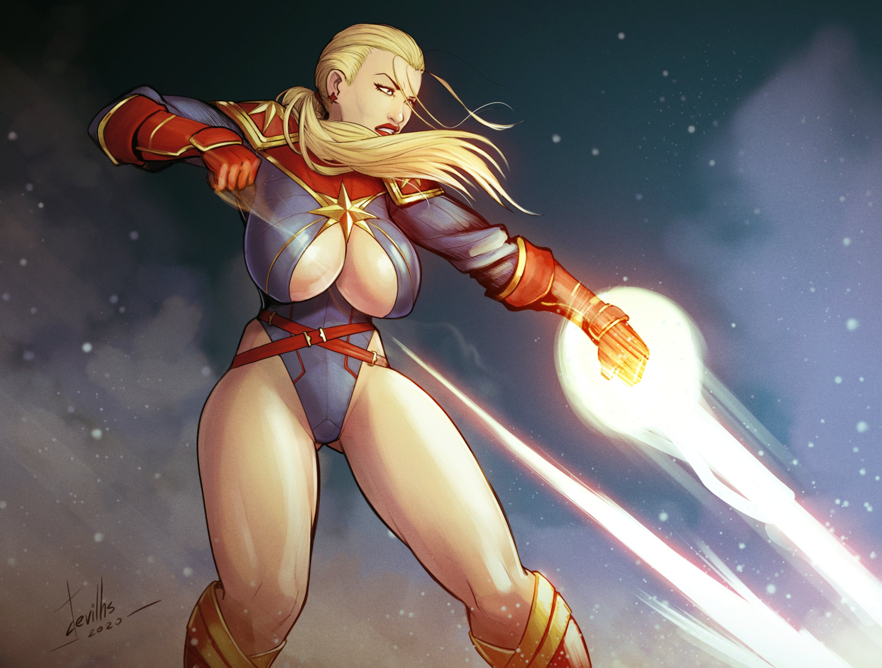 action pose, ass, bare legs, belt, big breasts, blonde hair, blue eyes, bodysuit, boots, breasts, busty, captain marvel, carol danvers, cleavage, devil hs, earrings, erect nipples, female, female focus, female only, gloves, hourglass figure, huge ass, huge breasts, large breasts, lipstick, long hair, makeup, marvel, marvel comics, nipple bulge, nipples, ponytail, pose, posing, skin tight, solo, standing, thick thighs, tied hair, wide hips