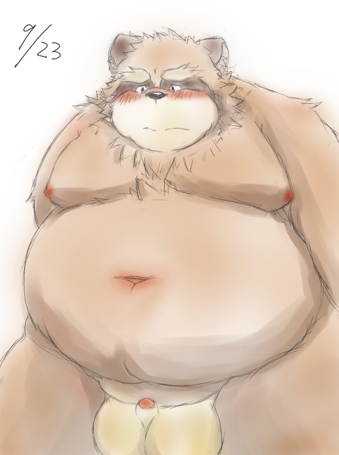 2012 anthro balls belly big_balls big_balls_small_penis blush brown_body brown_fur canid canine fur genitals ibuki_haruno kemono male male_only mammal moobs navel nipples overweight overweight_anthro overweight_male penis raccoon_dog simple_background small_penis solo tanuki white_background