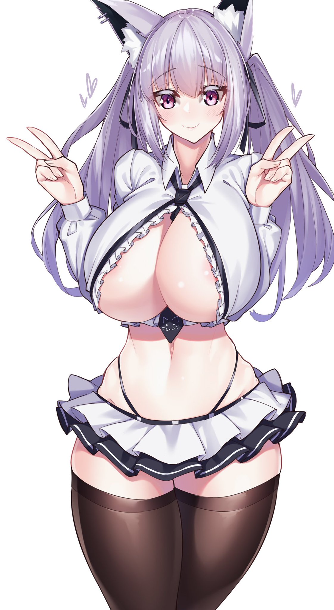 animal ears, areolae, big breasts, breasts, cleavage, female, fox ears, fox girl, huge breasts, looking at viewer, midriff, miniskirt, peace sign, purple eyes, silver hair, thick thighs, thighhighs, twintails, watosu (watosu mama)