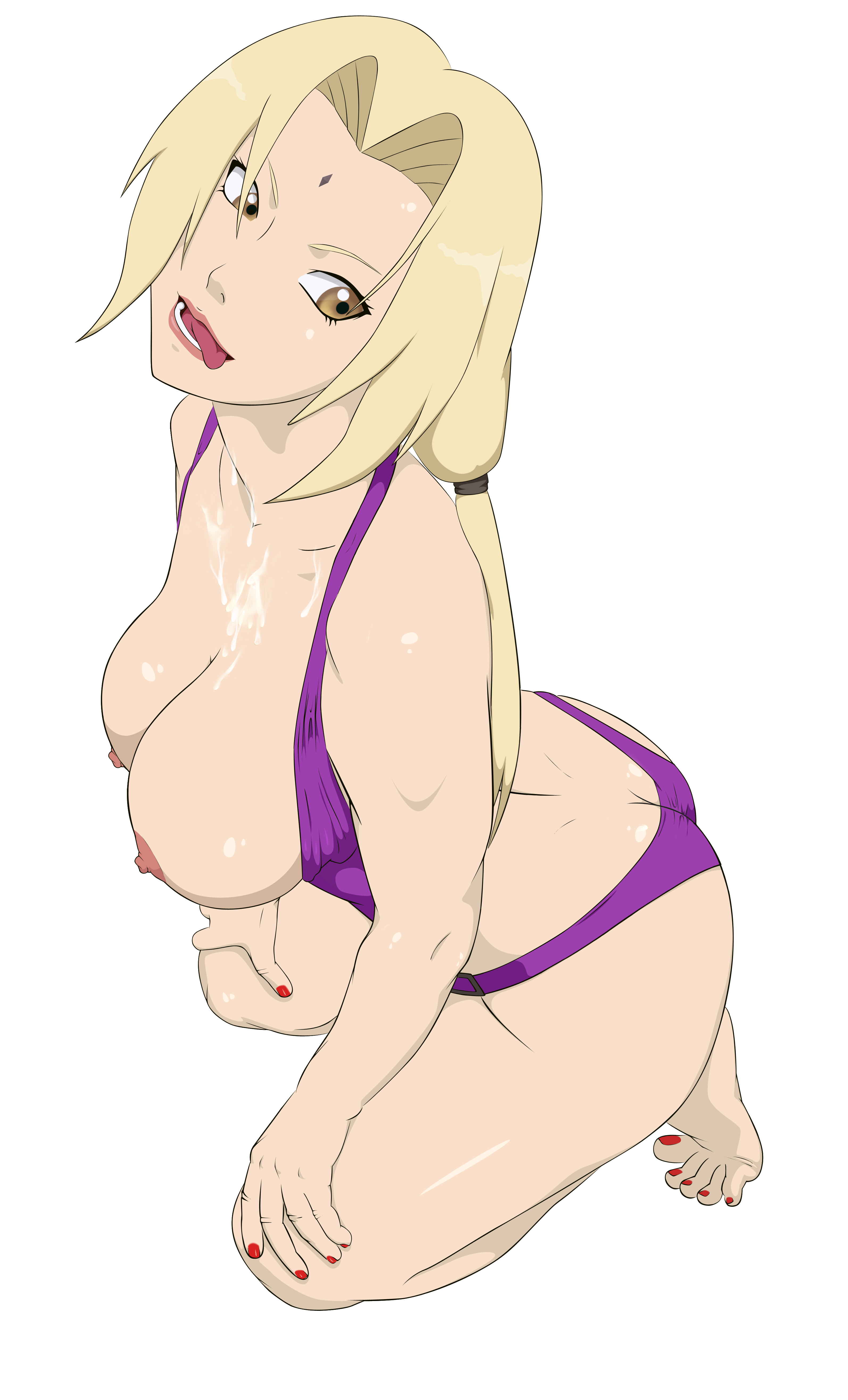 1girls, anaxus, areolae, ass, barefoot, big breasts, blonde hair, breasts, breasts out, cum, cum on body, cum on chest, facial mark, feet, female, female only, forehead mark, kneeling, nail polish, naruto, naruto (series), naruto shippuden, naughty face, nipples, red nails, swimsuit, tied hair, tiptoes, toenail polish, tongue, tongue out, tsunade, twintails