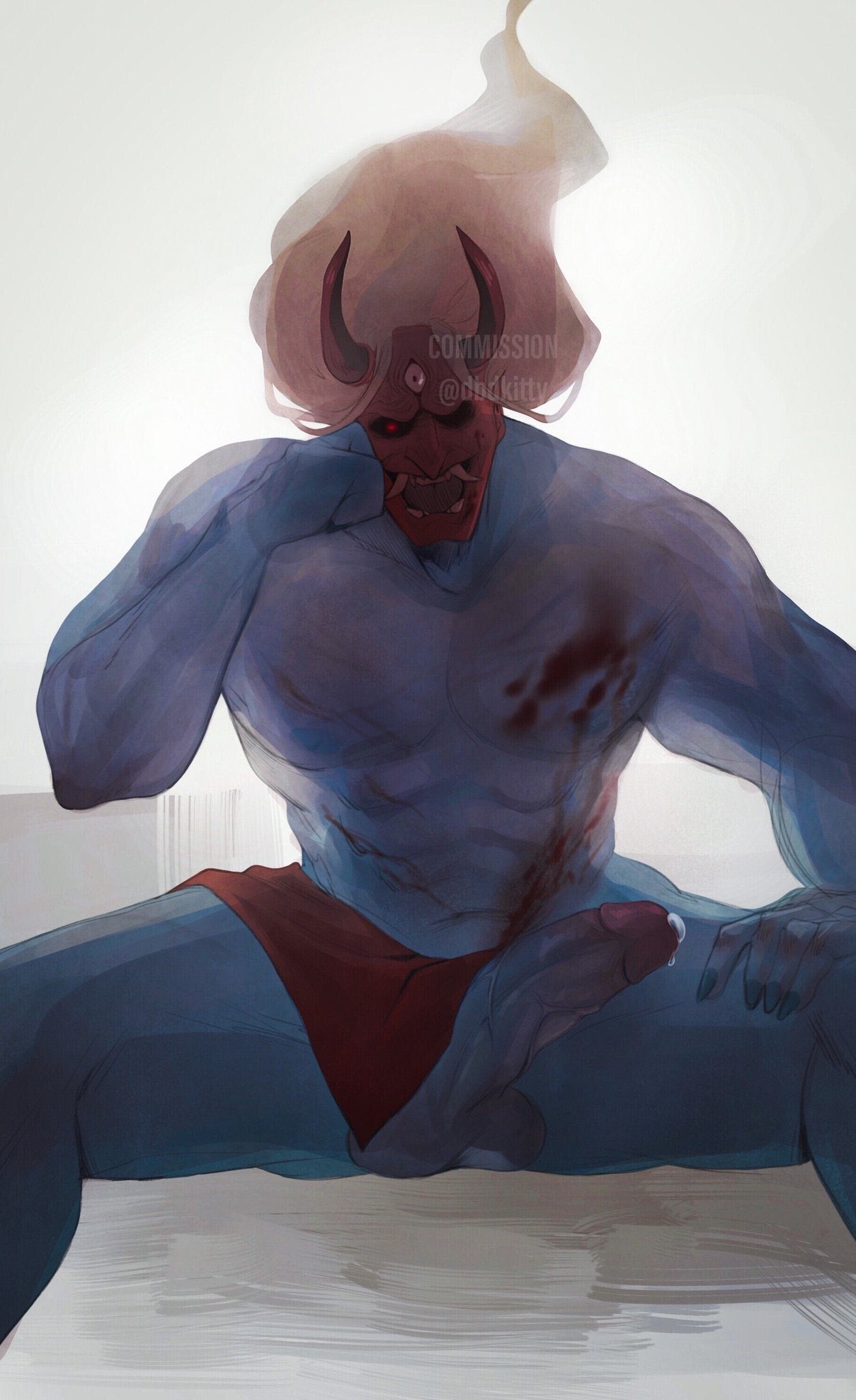 abs, balls, big balls, big penis, blood, blue skin, dead by daylight, demon, erection, faceless male, horns, kazan yamaoka, kittyplsaaa, looking at viewer, male, male only, monster, monster cock, muscles, muscular, oni, penis, precum, red eyes, the oni (dbd), underwear