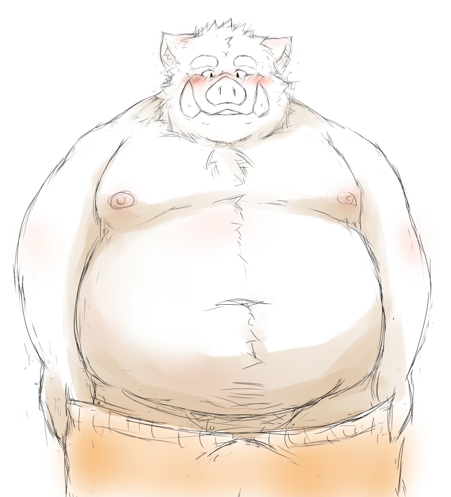 2012 anthro barely_visible_genitalia barely_visible_penis belly blush clothing genitals ibuki_haruno kemono male male_only mammal moobs nipples overweight overweight_anthro overweight_male penis simple_background solo suid suina sus_(pig) underwear undressing white_background wild_boar