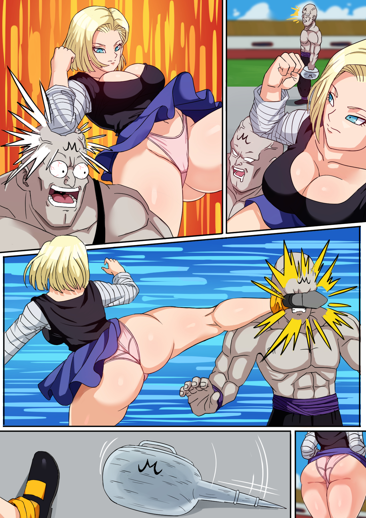 android 18, big breasts, blonde hair, blue eyes, bob cut, breasts, clothed female, dragon ball, dragon ball z, female, male, nipples, pinkpawg, short hair, straight