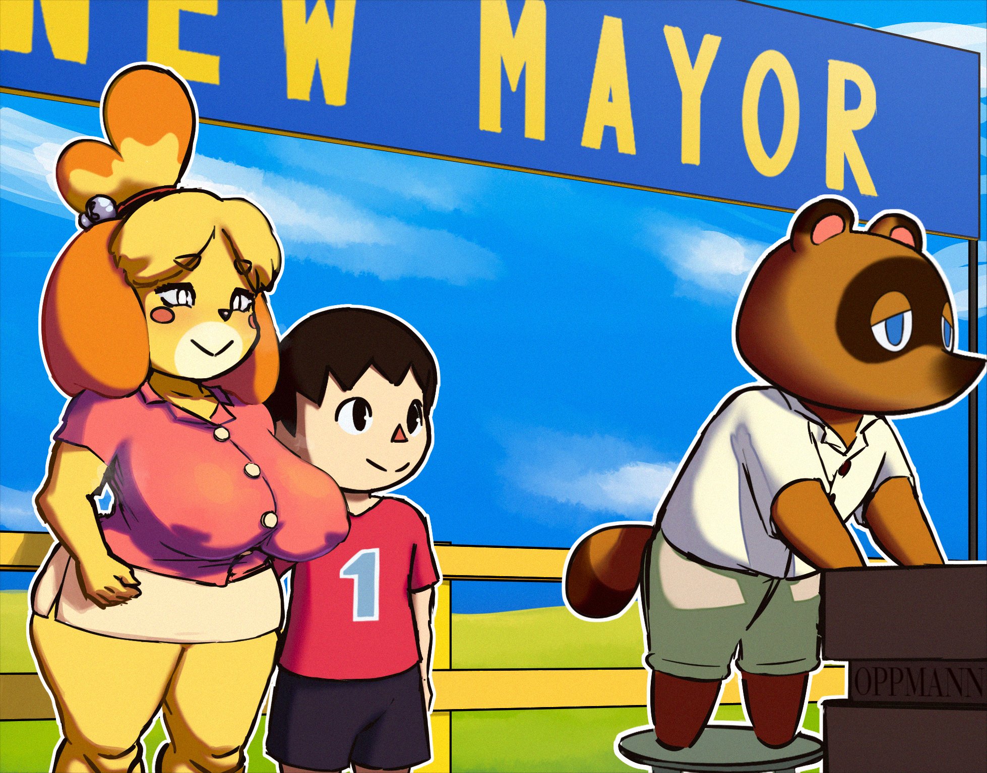 1girls, 2021, 2boys, animal crossing, big thighs, breasts, erect nipples, female, huge breasts, isabelle (animal crossing), male, nintendo, nipple bulge, nipples, oppmann, skirt, tom nook, villager (animal crossing), wide hips