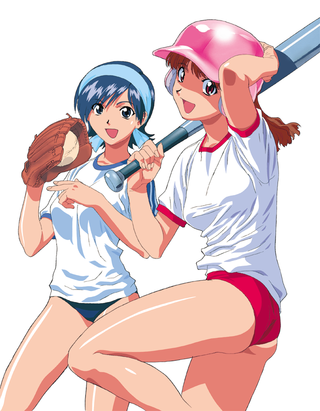 2girls 90s :d ass asuka_(viper) ball bare_arms bare_legs baseball baseball_bat baseball_cap baseball_glove blue_eyes blue_hair breasts brown_eyes brown_hair buruma clothed clothing eyebrows_visible_through_hair female female_only gym_uniform hairband hand_on_headwear hat holding_ball holding_object katsura_ken'ichirou large_breasts long_hair looking_at_viewer matching_hair/eyes medium_breasts miki_(viper) multiple_girls official_art open_mouth raised_leg short_hair simple_background single_glove smile sogna standing thick_thighs thighs tongue viper_(series) viper_ctr white_background