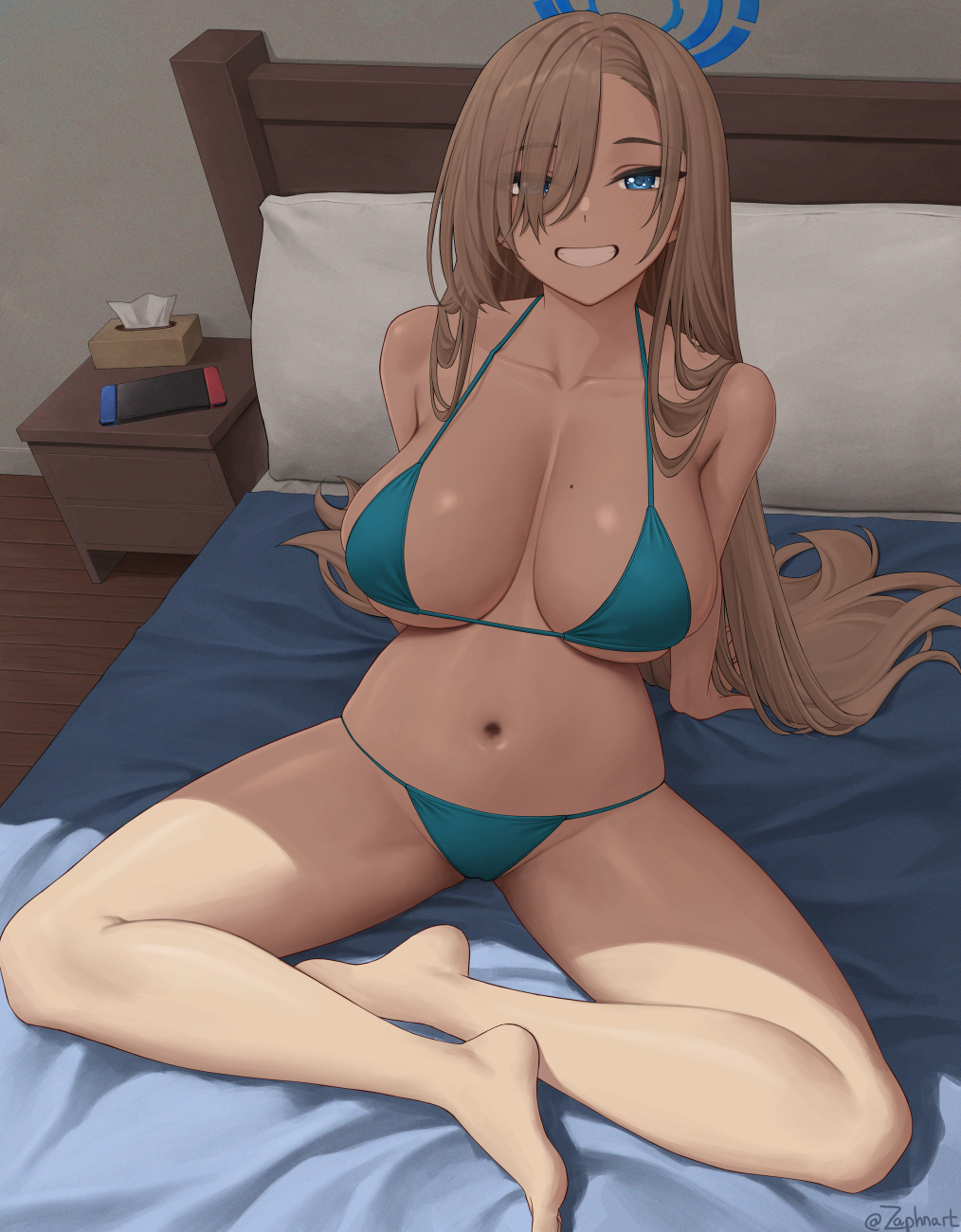 1girls, asuna (blue archive), beauty mark, bikini, blonde hair, blue archive, blue eyes, breasts, cleaning & clearing (blue archive), cleavage, female, hair over one eye, halo, huge breasts, indoors, long hair, millennium science school student, mole on breast, naughty face, smile, thick thighs, zaphn