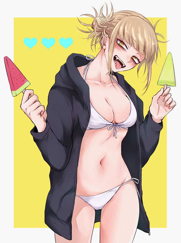 1girls, bangs, bikini, blonde hair, blonde-haired female, blunt bangs, blush, cat eyes, cowboy shot, double bun, eyelashes, eyeshadow, fangs, female, food, fringe, front-tie bikini, front-tie top, hair bun, heart, himiko toga, ice cream, messy hair, my hero academia, nashimo (artist), navel, open mouth, oral, oral insinuation, oral invitation, petite, popsicle, school uniform, seductive eyes, seductive mouth, seductive smile, sharp teeth, side-tie bikini, slim, solo, swimsuit, teenager, throat, tied hair, tongue, tongue out, white bikini, yellow eyes
