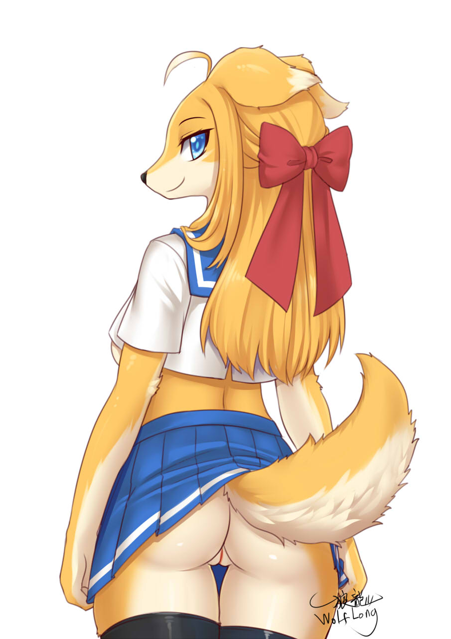 2020 anthro ass blue_eyes bottomwear canid canine female fur furry genitals highres kemono looking_at_viewer looking_back mammal no_underwear pussy rear_view shirt simple_background skirt smile solo standing topwear white_background wolflong yellow_body yellow_fur