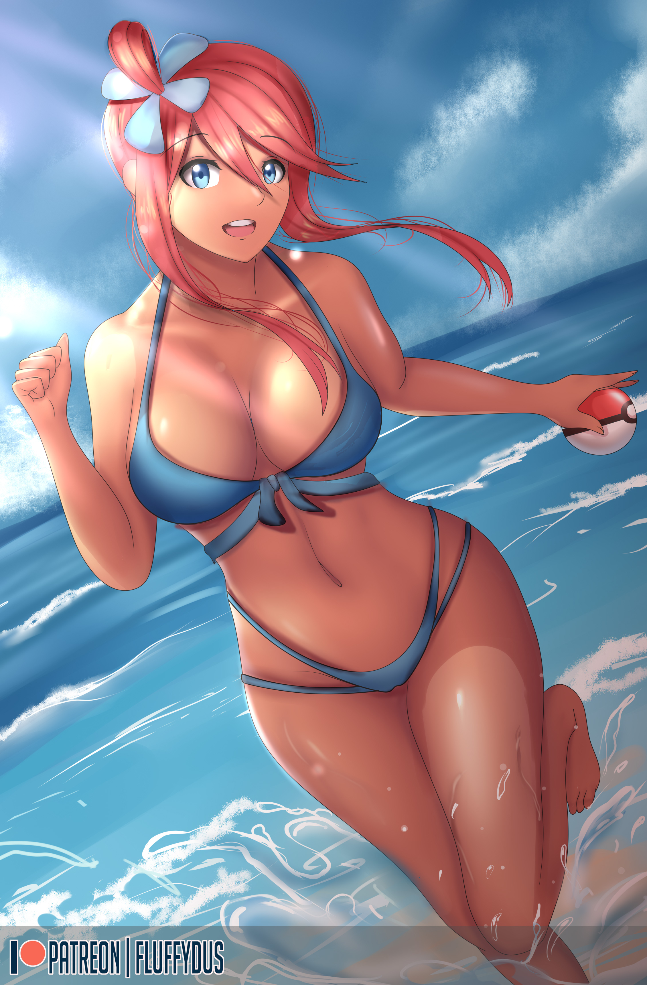 1girls, beach, big breasts, bikini, blue eyes, breasts, cleavage, clothed, clothed female, clothes, clothing, female, female only, fluffydus, holding poke ball, large breasts, long hair, nintendo, patreon username, pokeball, pokemon, pokemon bw, red hair, skyla (pokemon), solo, swimsuit, uncensored