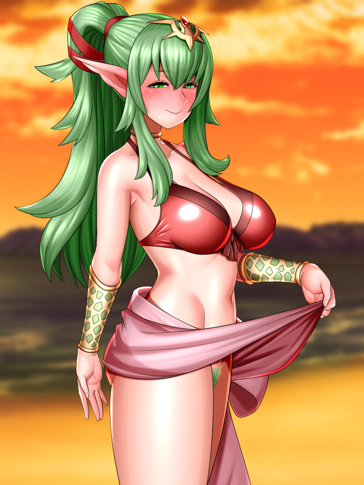 armband beach bikini bikini_top blush breasts cleavage eyebrows_visible_through_hair female fire_emblem fire_emblem_awakening fire_emblem_heroes green_eyes green_hair large_breasts looking_at_viewer navel nintendo no_panties pink_sarong pointy_ears ponytail pubic_hair red_bikini sarong sarong_lift sheer_clothes smile solo sunset swimsuit tiki_(adult)_(fire_emblem) tiki_(adult)_(summer)_(fire_emblem) tiki_(fire_emblem) uncats