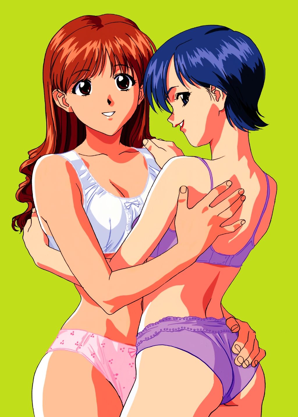 2girls 90s ass asuka_(viper) back big_ass blue_eyes blue_hair bow bow_bra bow_panties bra breast_to_breast breasts brown_eyes brown_hair cleavage eyebrows_visible_through_hair female female_only green_background hand_on_ass hand_on_back hand_on_shoulder highres hourglass_figure hugging katsura_ken'ichirou large_breasts lingerie lipstick long_hair looking_at_viewer looking_back makeup matching_hair/eyes medium_breasts miki_(viper) multiple_girls navel official_art panties pink_panties purple_bra purple_panties red_lipstick seductive short_hair simple_background smile sogna teeth thick_thighs thighs underwear underwear_only viper_(series) viper_ctr white_bra wide_hips