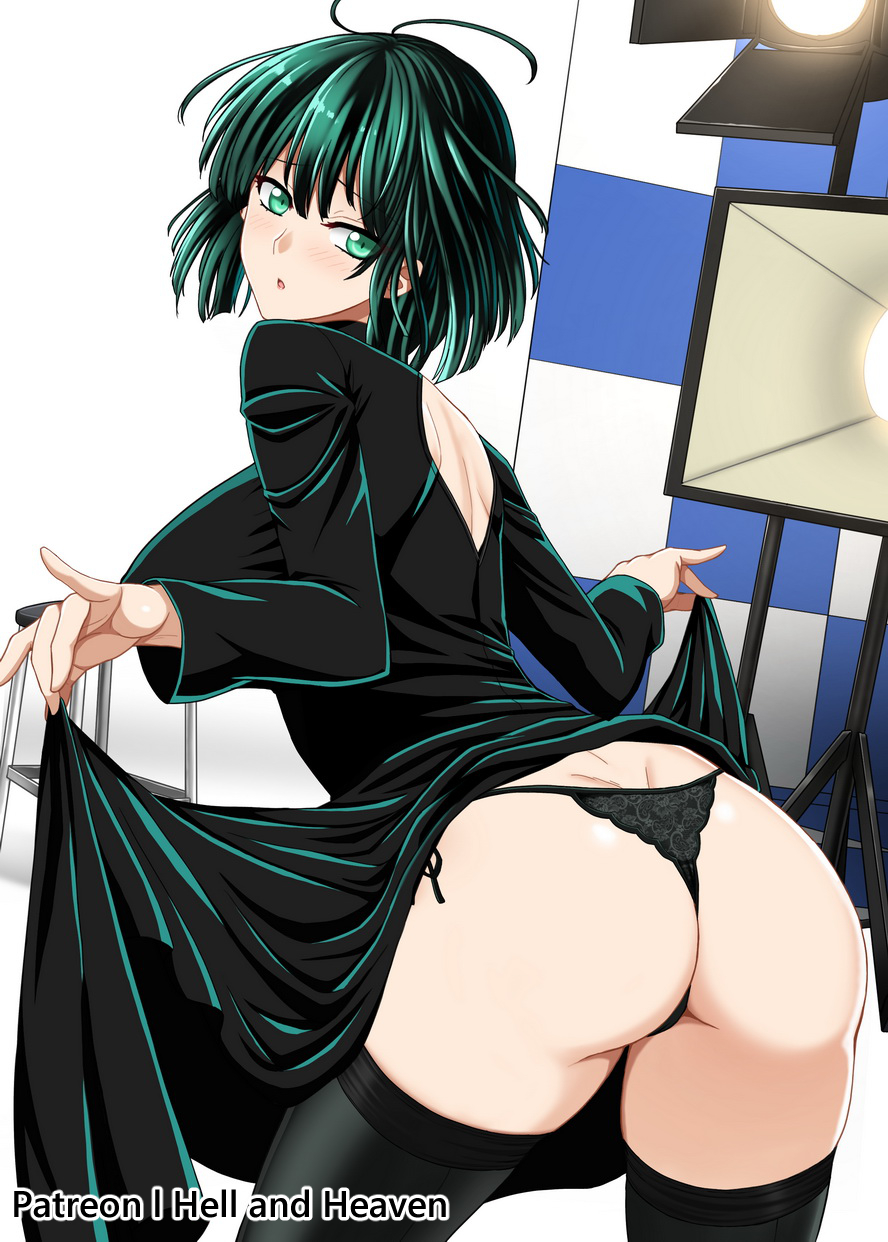 ass, big breasts, black hair, breasts, clothed female, female, female focus, female only, fubuki (one-punch man), green eyes, hellandheaven, mature female, nipples, nipples visible through clothing, one-punch man, short hair, solo, solo female, solo focus, stockings