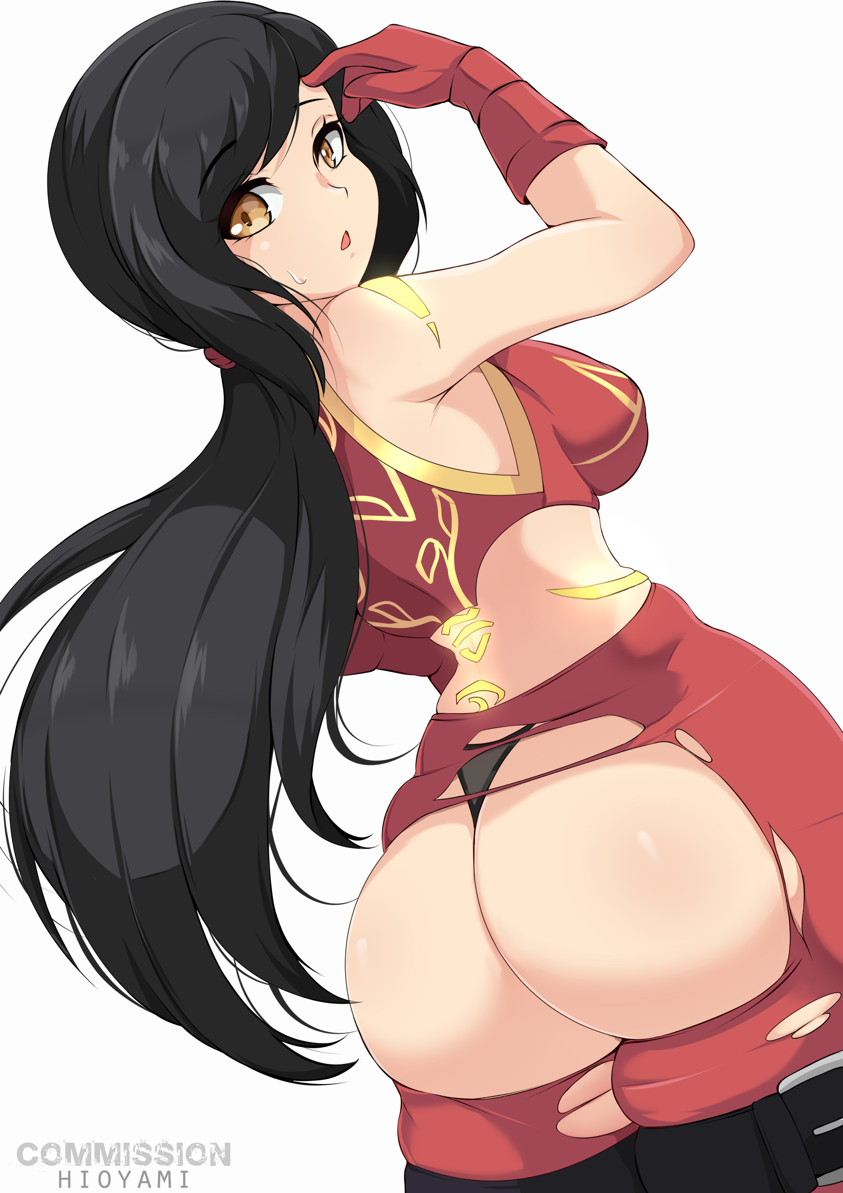 ass, black hair, breasts, female, from behind, hair ornament, hioyami, huge ass, large breasts, long hair, looking at viewer, original, original character, sideboob, skimpy clothes, thong, yellow eyes