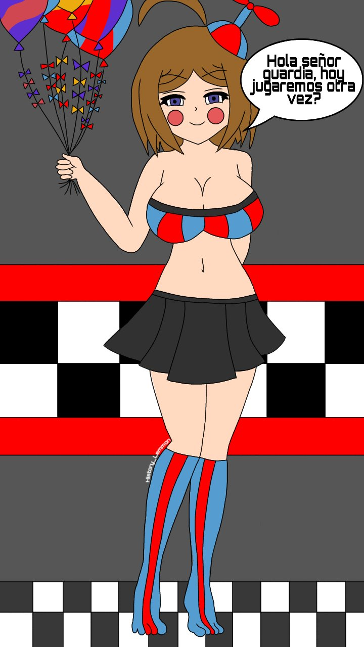 1girls alternate_version_available balloon_babe_(fnia) balloon_boy_(fnaf) breasts brown_hair clothed color female five_nights_at_freddy's five_nights_in_anime large_breasts short_hair sole_female solo standing striped_legwear striped_socks text video_games