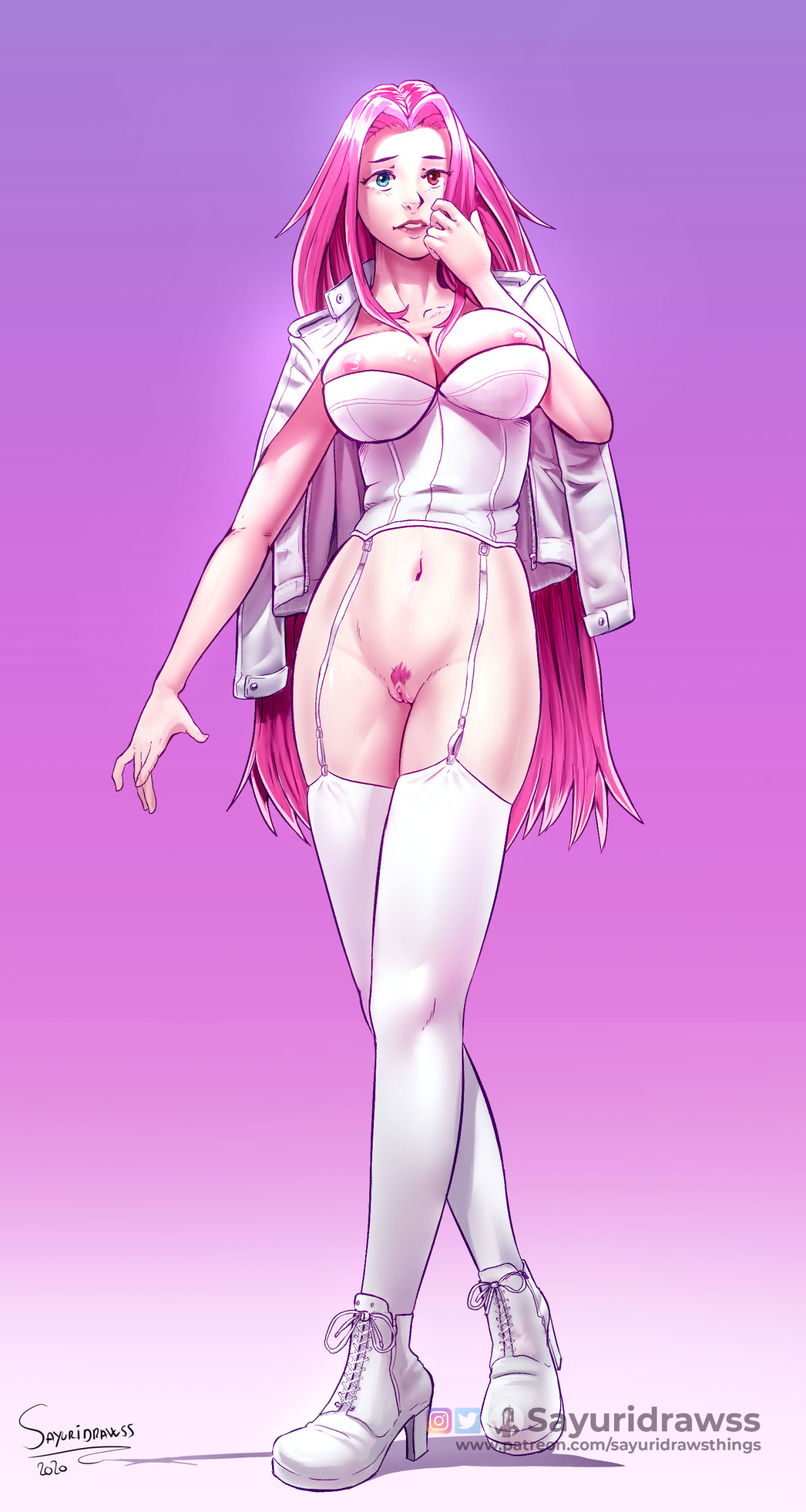 female, hairy pussy, jacket on shoulders, pink hair, pussy, sayuridrawsthings, stockings, thick thighs, trimmed pubic hair