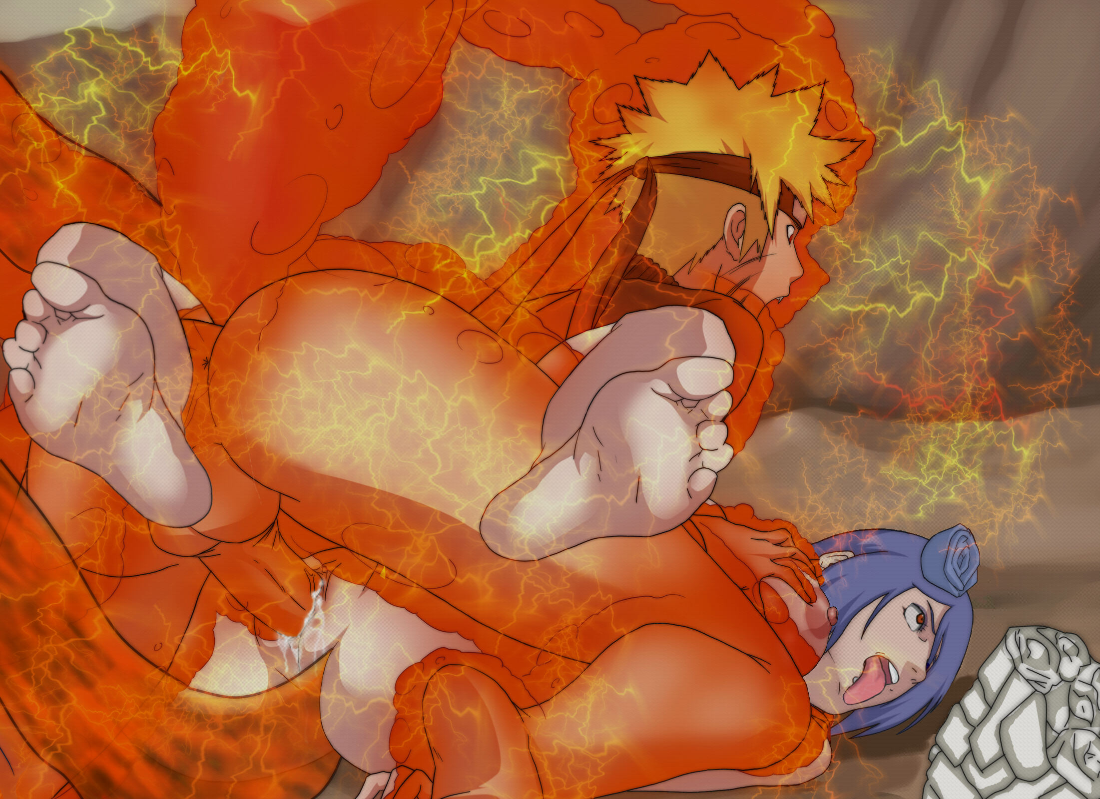 1boy, 1girls, ahe gao, amber eyes, anal, anal insertion, anal sex, barefoot, blonde hair, blue hair, clitoris, cum, cum in pussy, cum inside, edit, eyes open, female, forced, forced orgasm, helpless, konan, male, naruto, naruto (series), naruto shippuden, nipples, open mouth, orange eyes, piercing, pussy, rape, red eyes, soles, tail, toes, uzumaki naruto, vaginal penetration, vaginal sex
