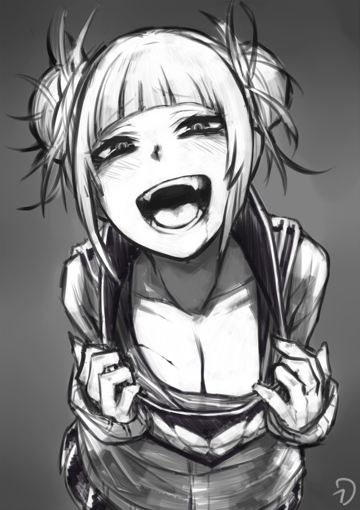 1girls, bangs, blonde hair, blood, blunt bangs, blush, breasts, cat eyes, cleavage, clothed, clothing, double bun, eyelashes, eyeshadow, female, female only, fringe, fully clothed, greyscale, hair bun, hair up, half-closed eyes, happy, himiko toga, hoodie, kidy (kidy siow), large breasts, looking at viewer, monochrome, my hero academia, open mouth, open smile, oral, oral invitation, playful, presenting, school uniform, seductive eyes, seductive mouth, seductive smile, sharp teeth, shirt, shirt pull, short hair, smile, solo, solo female, sweater, teasing, teenager, tied hair, toga himiko, yellow eyes