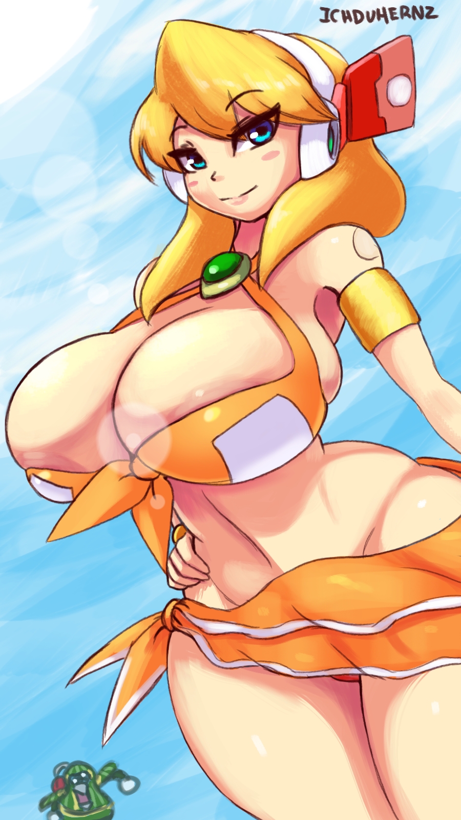 1girls, alia, alia (mega man), alternate ass size, alternate breast size, alternative costume, armpits, ass, bare shoulders, belly, belly button, big ass, big breasts, big butt, bikini, blonde hair, blue eyes, breasts, chill penguin, eyebrows, eyebrows visible through hair, eyelashes, female, hand on hip, hips, huge ass, huge breasts, huge butt, ichduhernz, large ass, large breasts, large butt, long hair, looking at viewer, mega man, mega man x, navel, nipple slip, seductive, seductive eyes, seductive look, seductive smile, simple background, swimsuit alia (x dive), text, thick, thick ass, thick thighs, thighs, voluptuous, watermark, wide hips