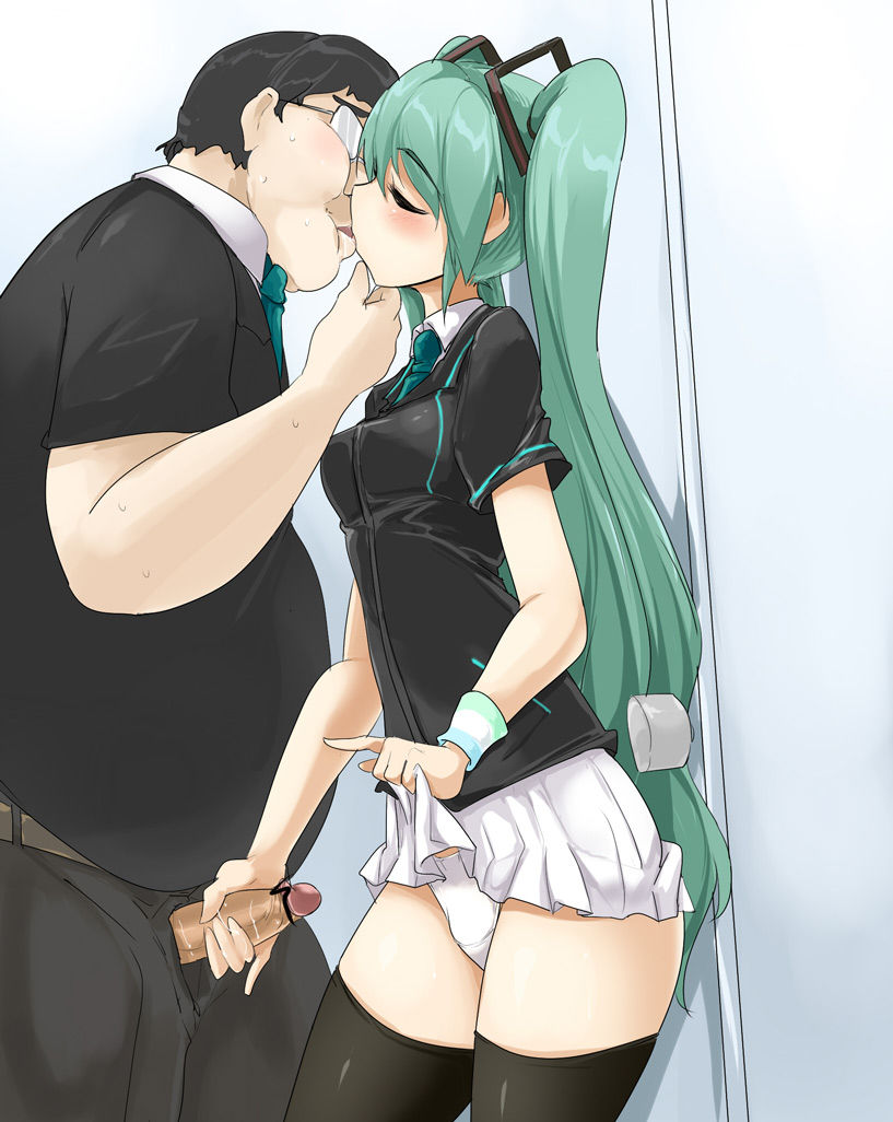 1boy, 1girl, 1girls, against wall, bar censor, blush, breasts, censored, closed eyes, clothed male, clothes lift, employee uniform, fat, fat male, fat man, female, french kiss, glasses, green hair, handjob, hatsune miku, hetero, kiss, kissing, leaning against wall, lifting, long hair, male, necktie, panties, penis, prostitution, school, school uniform, schoolgirl, scribble censor, simple background, skirt, skirt lift, small breasts, standing, stroking, stroking penis, sweat, thick thighs, thighhighs, thighs, twintails, ugly man, underwear, uniform, very long hair, vocaloid, white panties