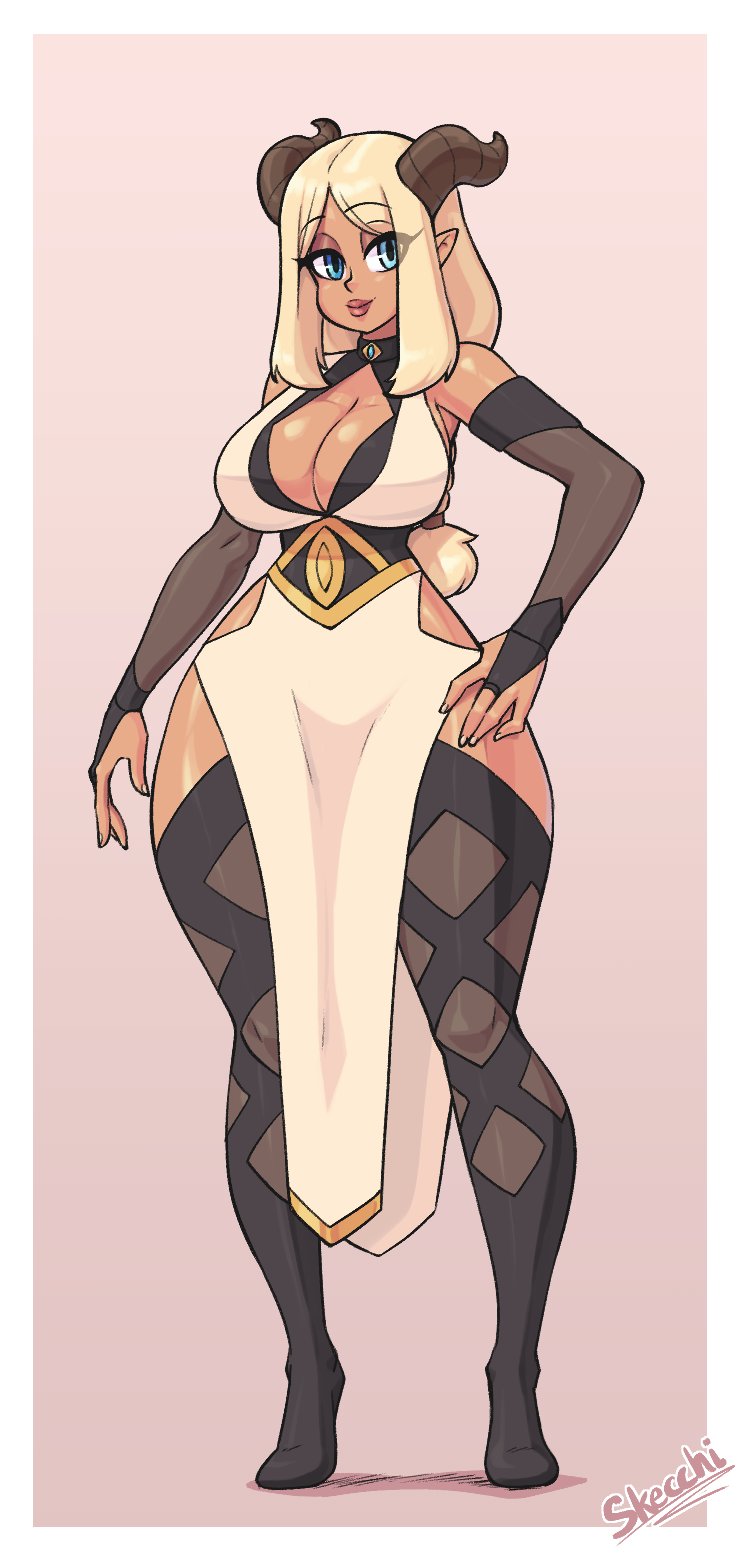 armwear, blonde hair, blue eyes, breasts, cleavage, clothing, female, fully clothed, hand on hip, horns, humanoid, kait (skecchiart), legwear, long hair, pointy ears, skecchiart, solo, solo female, thick thighs, thigh boots, thin waist, tied hair
