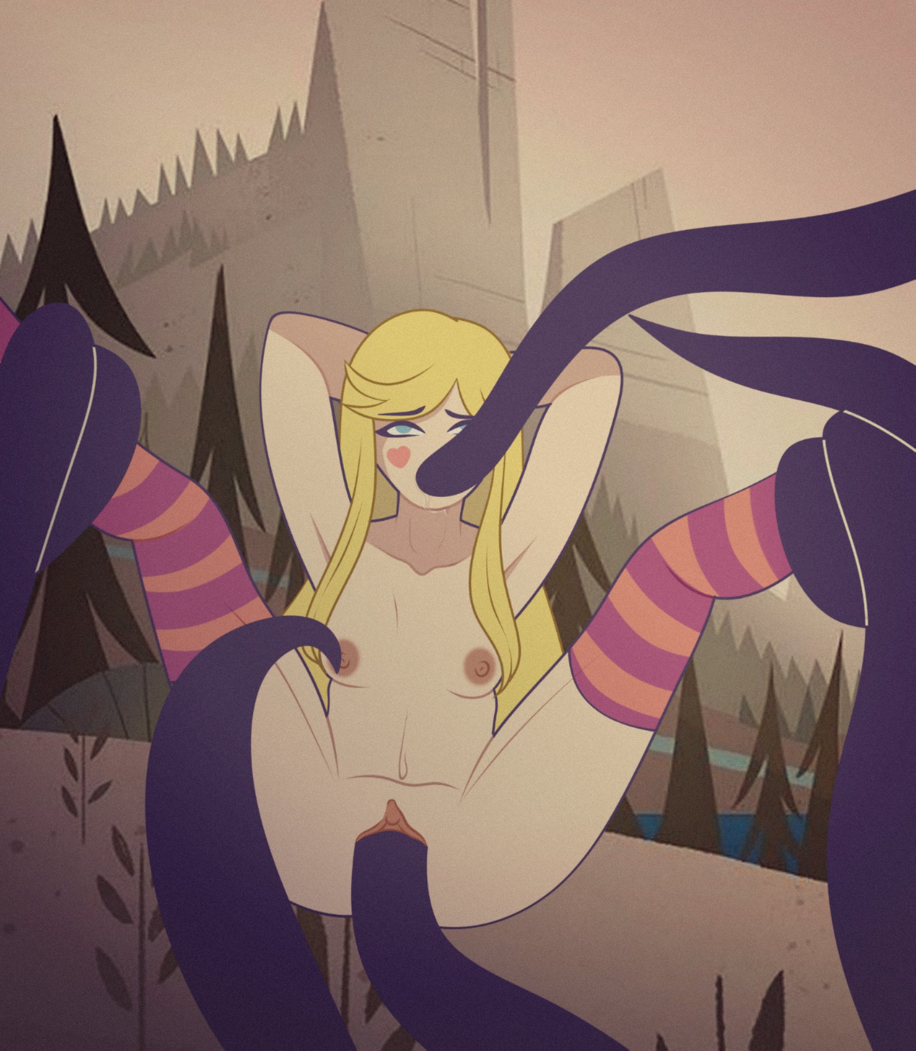 1girls, arms behind head, blonde hair, blue eyes, bondage, breasts, clothing, double penetration, female, long hair, nipples, open mouth, oral, penetration, pussy, rape, restrained, spread legs, star butterfly, star vs the forces of evil, striped legwear, suspension, tentacle, tentacle rape, tentacle sex, thighhighs, vaginal penetration