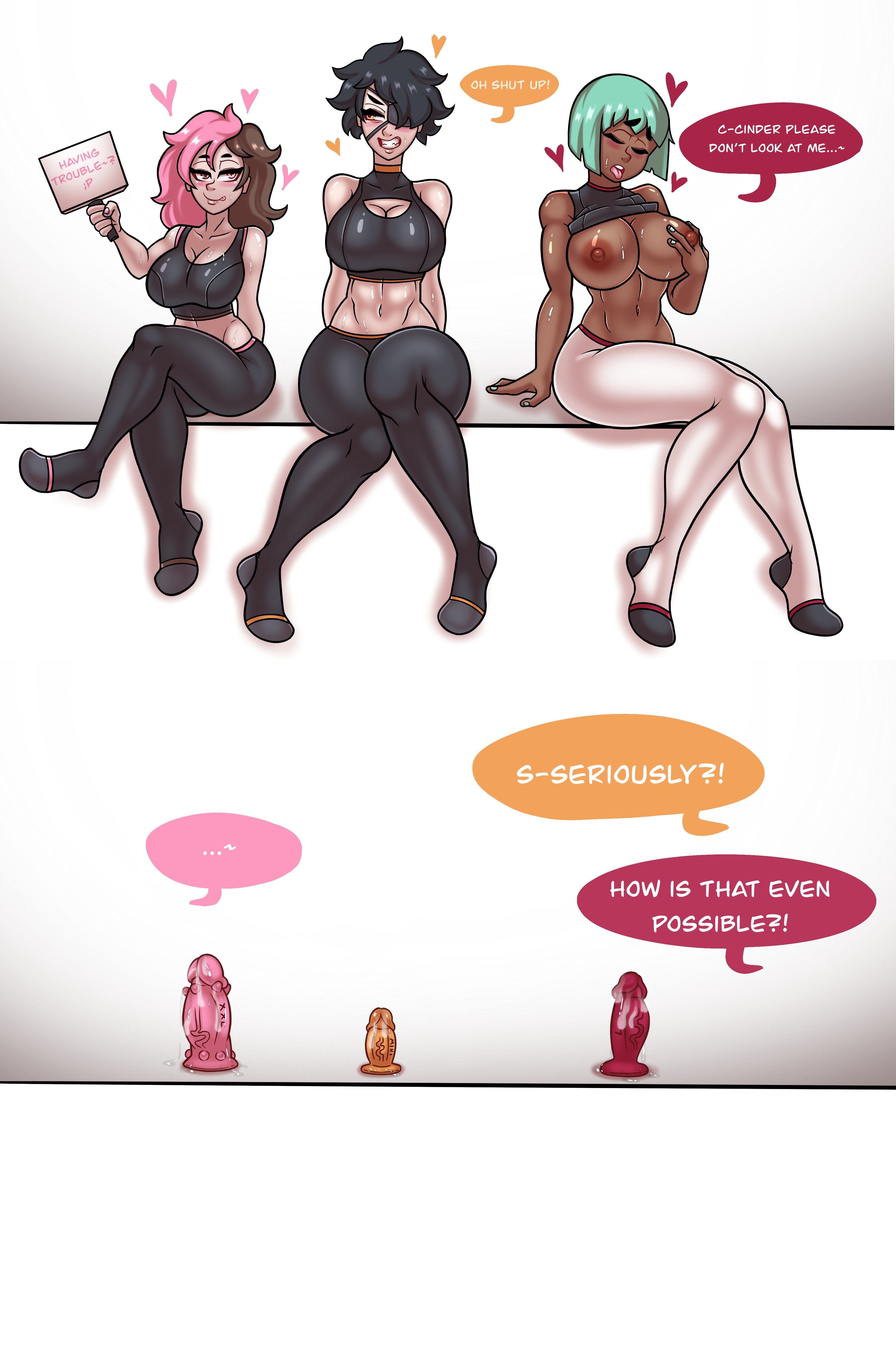 2koma, 3girls, big breasts, black hair, breasts, brown eyes, brown hair, cinder fall, dark skin, dark-skinned female, dildo, dildo penetration, emerald sustrai, english text, female, female only, green hair, heterochromia, multicolored hair, multiple females, multiple girls, neo (rwby), owl pie, pink eyes, pink hair, red eyes, rwby, sex toy, text, workout clothes, yellow eyes, yoga pants