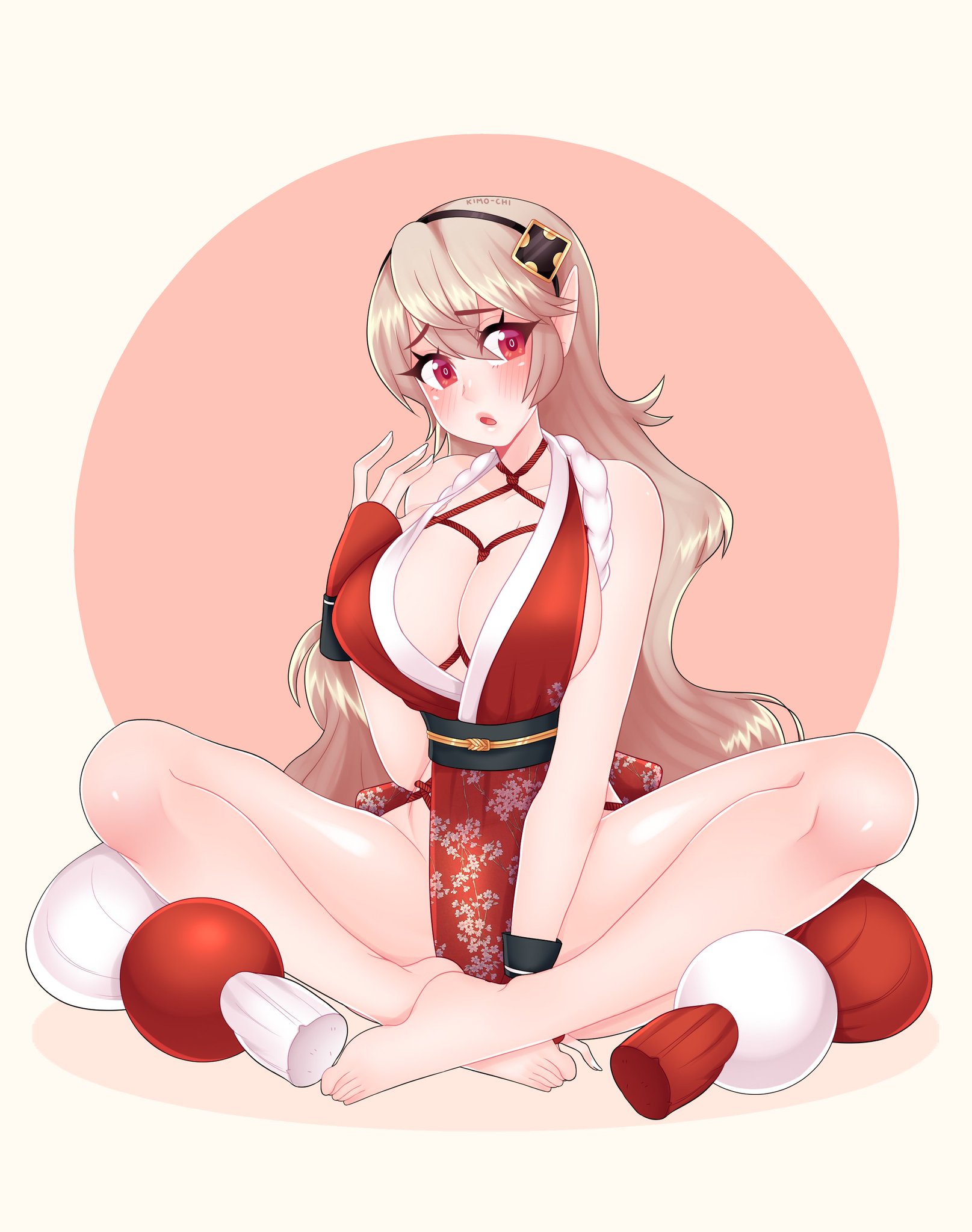 artist name, barefoot, bondage, breasts, cleavage, corrin (fire emblem), corrin (fire emblem) (female), cosplay, crossover, embarrassed, feet, female, fire emblem, fire emblem fates, hairband, kimo-chi, king of fighters, large breasts, long hair, looking at viewer, mai shiranui (cosplay), nintendo, no bra, no panties, no underwear, revealing clothes, rope, rope bondage, snk, sodachern, solo