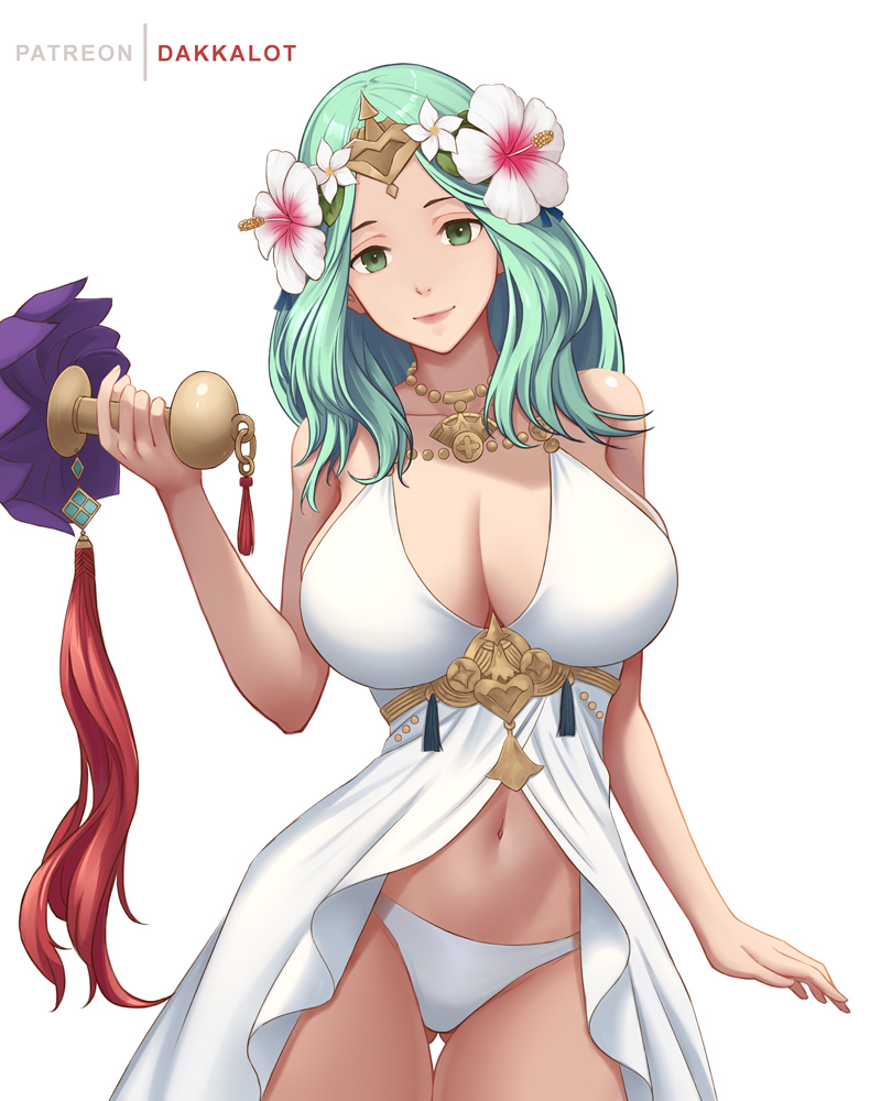 1girls, aqua hair, artist name, ass visible through thighs, babydoll, bare arms, bare shoulders, bikini, black ribbon, breasts, cleavage, collarbone, cowboy shot, dakkalot, female, fire emblem, fire emblem heroes, fire emblem: three houses, flower, forehead protector, green eyes, groin, hair flower, hair ornament, head tilt, hibiscus, holding, large breasts, looking at viewer, lowleg, lowleg bikini, navel, pink lips, rhea (fire emblem), rhea (summer) (fire emblem), ribbon, side-tie bikini, simple background, smile, solo, stomach, swimsuit, tassel, thigh gap, toned, white background, white bikini, white flower