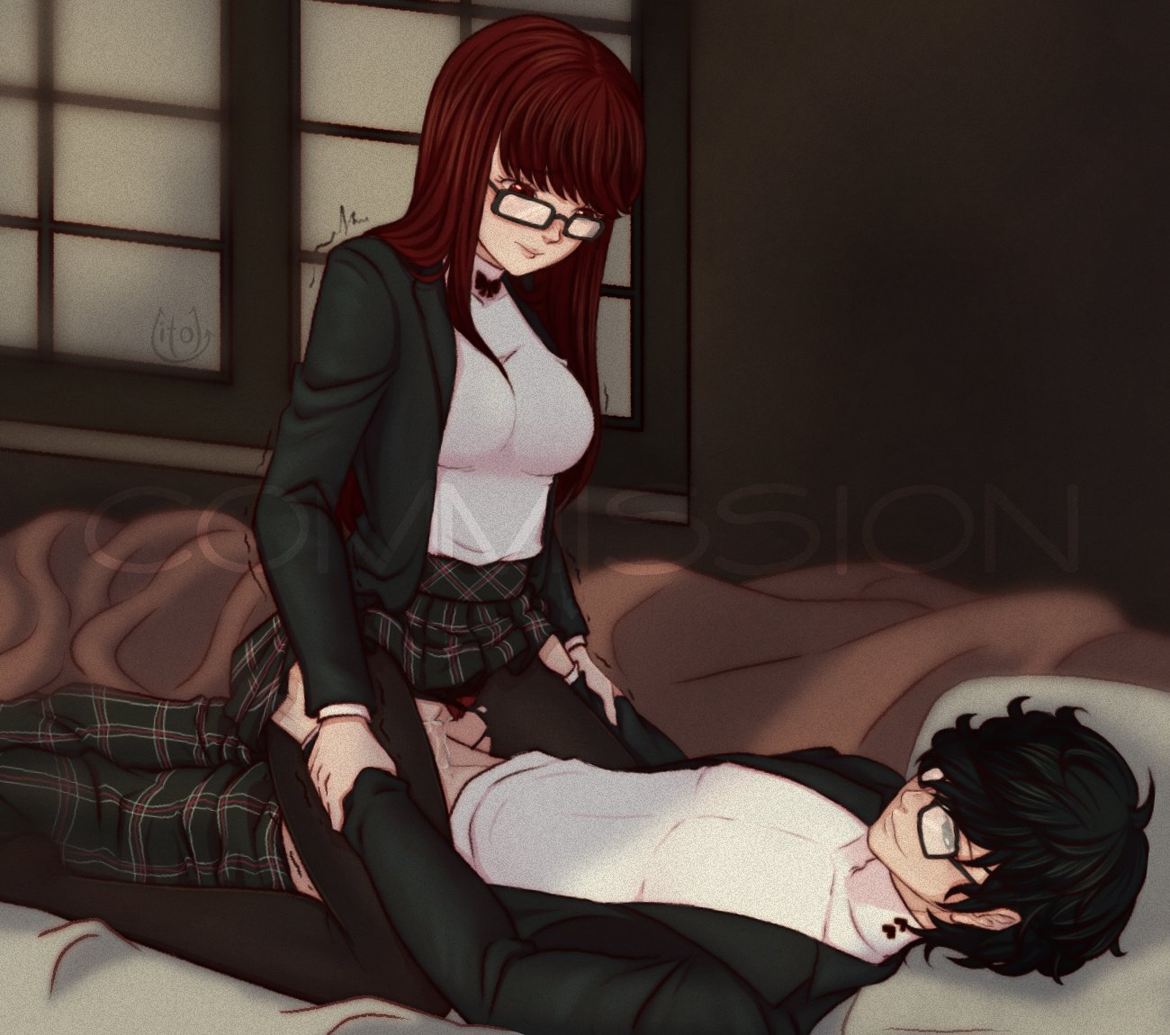 1boy, 1girls, akira kurusu, atlus, bangs, big breasts, black legwear, breasts, clothed, commission, cowgirl position, cum in pussy, female, female on top, glasses, highres, kasumi yoshizawa, leg grab, litoldebil, long hair, male, persona, persona 5, persona 5 royal, pleated skirt, pussy, red eyes, red hair, ren amamiya, sex, shujin uniform, skirt, smile, spoilers, sumire yoshizawa, tagme, thighhighs, vaginal penetration
