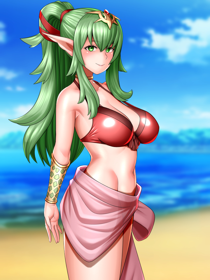 armband beach bikini bikini_top breasts cleavage eyebrows_visible_through_hair female fire_emblem fire_emblem_awakening fire_emblem_heroes green_eyes green_hair large_breasts looking_at_viewer md5_mismatch navel nintendo no_panties pink_sarong pointy_ears ponytail red_bikini sarong sheer_clothes solo swimsuit tiki_(adult)_(fire_emblem) tiki_(adult)_(summer)_(fire_emblem) tiki_(fire_emblem) uncats