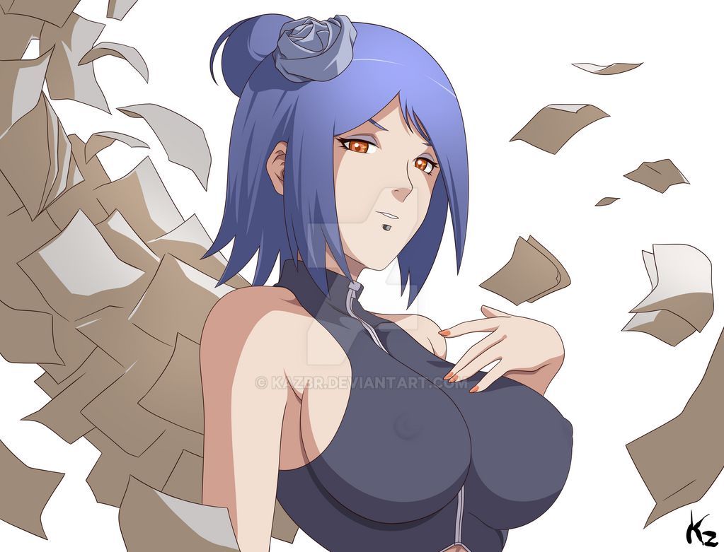 1girls areolae curvy flower kazbr konan large_breasts looking_at_viewer naruto naruto_shippuden nipples orange_eyes origami paper purple_hair sideboob smile solo tight_clothing voluptuous watermark wings