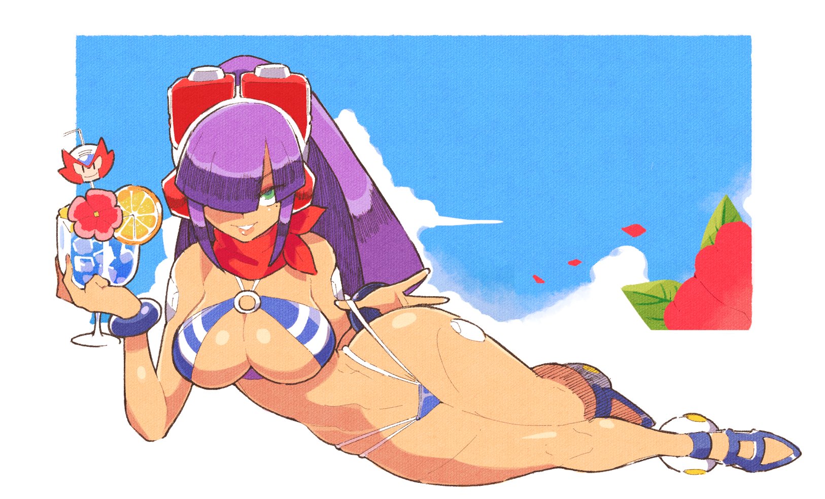 1girls, beach, beverage, big breasts, bikini, blue bikini, blue swimsuit, bra, breasts, clothed, clouds, cup, dark skin, drink, female, flower, food, fruit, green eyes, hair over one eye, highleg, highleg bikini, highleg swimsuit, inkerton-kun, inkuusan, layer, looking at viewer, mega man, mega man x, mega man x dive, outside, panties, pulling panties, purple hair, red flower, reploid, robot, robot girl, robot joints, seductive, seductive eyes, seductive look, seductive smile, sky, smile, solo, string bikini, swimsuit, swimsuit layer (x dive), tease, thick thighs, wide hips, wine glass, zero (mega man)