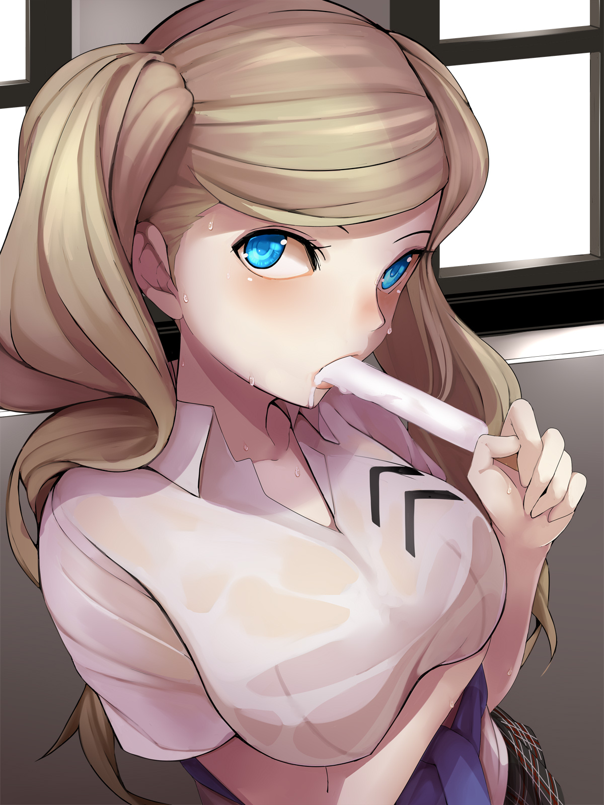 1girls, ann takamaki, big breasts, blonde hair, blue eyes, breasts, clothed, clothed female, clothes, clothing, eyelashes, female, female focus, female only, fully clothed, human, human only, ice cream, large breasts, long hair, looking at viewer, naughty face, nemu (nebusokugimi), pale skin, persona, persona 5, school uniform, slim, solo, solo female, solo focus, sweat, twintails, uncensored
