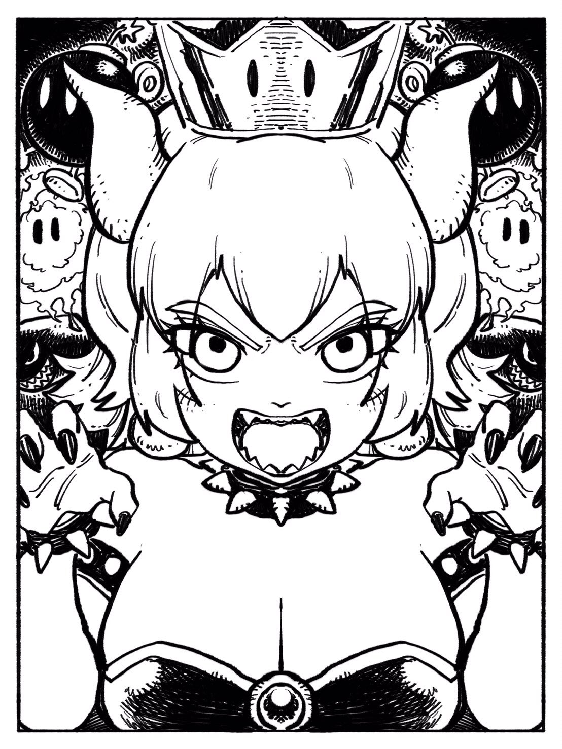 1girls angry armlet black_nails bob-omb bowsette bracelet breasts bullet_bill cleavage clothed collar crown dress earrings eyelashes fangs female female_focus frown fully_clothed genderswap genderswap_(mtf) horns huge_breasts humanoid humanoidized line_art looking_at_viewer mario_(series) monochrome new_super_mario_bros._u_deluxe nintendo paw_pose podoboo rule_63 sharp_fingernails sharp_teeth sidelocks solo_focus spiked_armlet spiked_bracelet spiked_collar super_mario_bros. takumi_watanuki upper_body