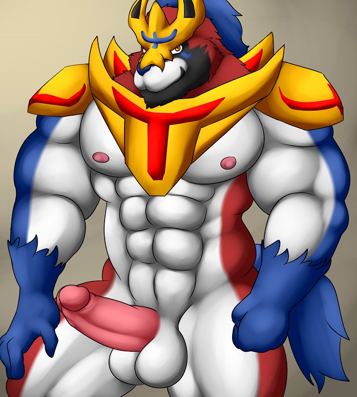 abs anthro anthrofied armor balls bara big_muscles black_body black_fur blue_body blue_fur blue_nose crowned_shield_zamazenta erection fur genitals headgear huge_muscles humanoid_genitalia humanoid_penis legendary_pokémon looking_at_viewer male male_only mostly_nude muscular muscular_anthro muscular_male nintendo nipples pecs penis pink_nipples pink_penis pokémon_(species) pokémorph pokemon red_body red_fur solo thevillager video_games white_balls yellow_eyes zamazenta