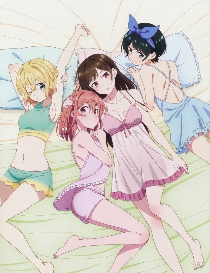 4girls bed black_hair blonde_hair brown_hair clothed female kanojo_okarishimasu lingerie mizuhara_chizuru multiple_girls nanami_mami red_hair sakurasawa_sumi sarashina_ruka yusuke_(artist)