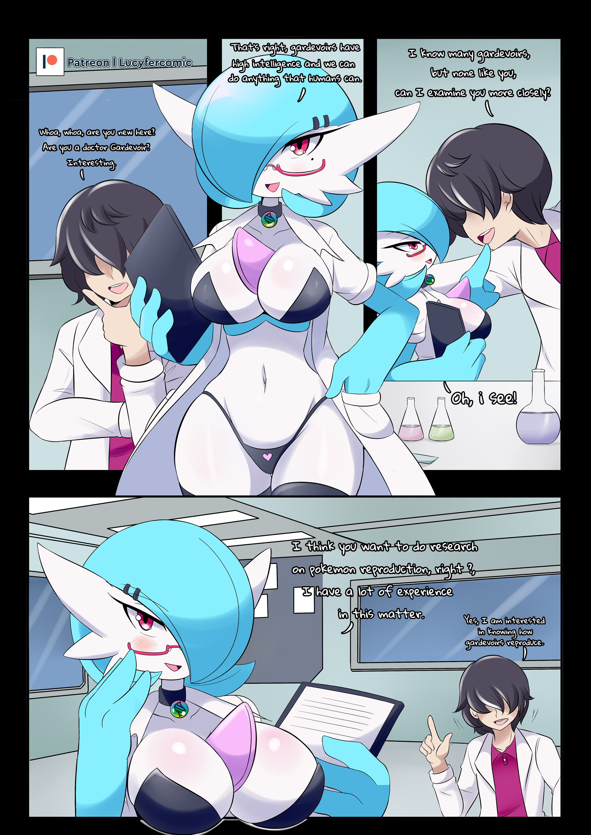 comic, dr. voir, female, game freak, gardevoir, glasses, human on pokemon, labcoat, lucyfercomic, nanosheep, nintendo, original character, pink eyes, pokémon (species), pokemon, pokemon (species), pokemon rse, shiny gardevoir, shiny pokemon, tagme, text, the professor (lucyfercomic), thighhighs