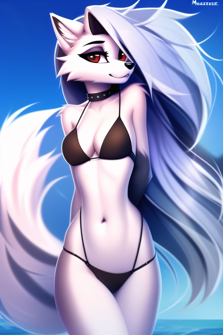1girls, ai generated, anthro, bikini, female, furry, furry female, hardboildchicken, helluva boss, long hair, loona (helluva boss), midriff, novelai, ocean, red eyes, stable diffusion, underwear, white hair, wolf ears, wolf girl, wolf tail