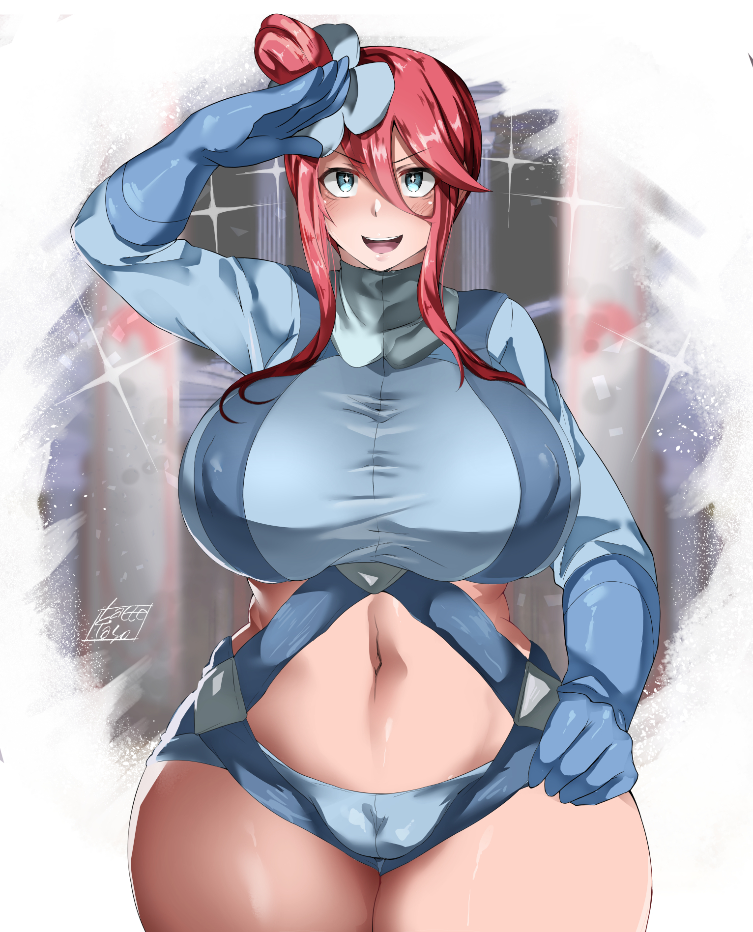 1girls, big breasts, blue eyes, breasts, cameltoe, female, huge breasts, huge thighs, large breasts, nintendo, pokemon, pokemon bw, pussy, ratetaso, red hair, shorts, skyla (pokemon), thick thighs, wide hips