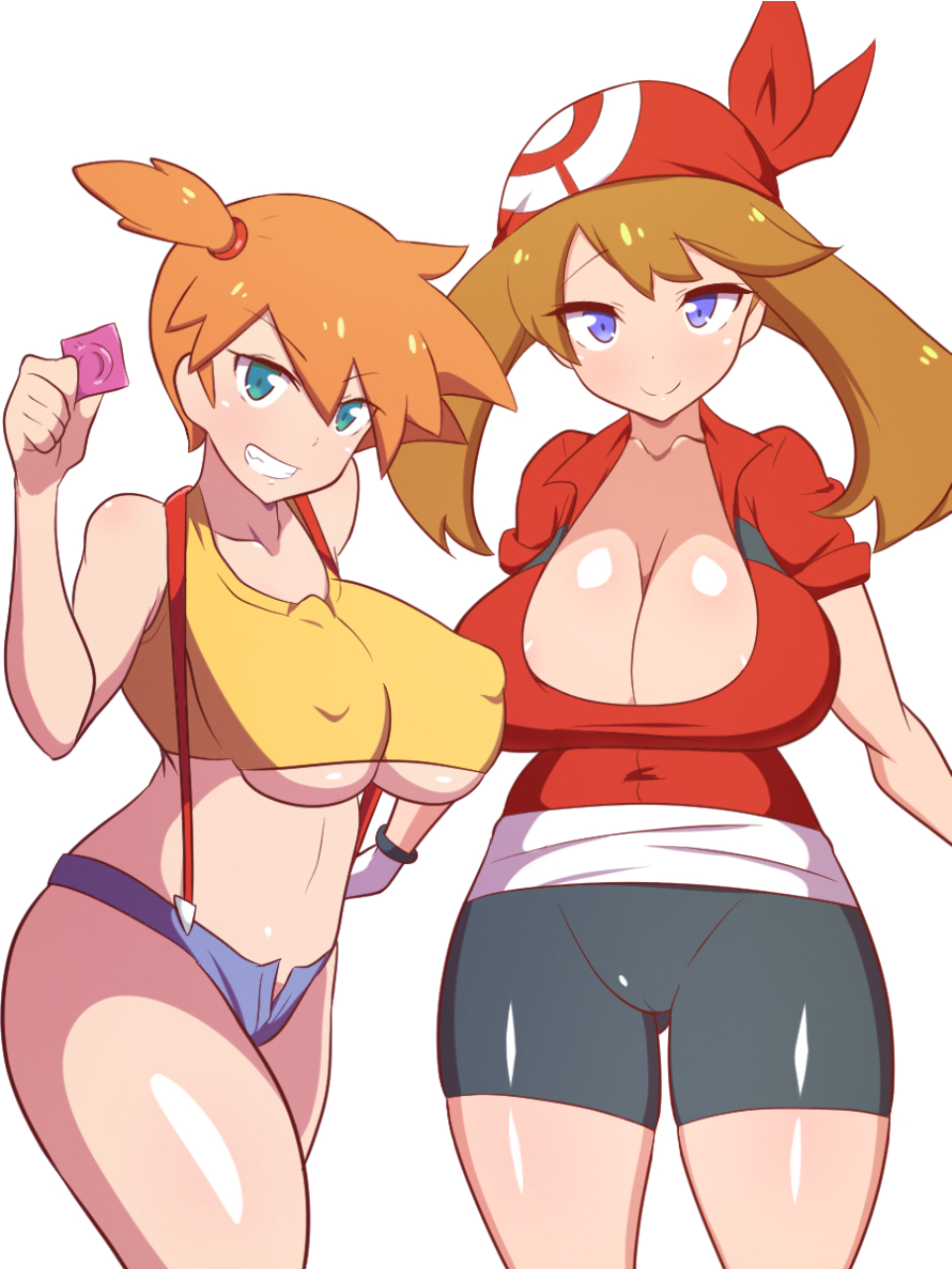 2girls, abs, alternate breast size, alternate eye color, aqua eyes, big breasts, black shorts, breasts, brown hair, condom, curvy figure, dd (artist), female, female only, gloves, huge breasts, kasumi (pokemon), large breasts, leggings, light skin, light-skinned female, may (pokemon), minishorts, multiple females, multiple girls, nintendo, nipple slip, orange hair, pale skin, pale-skinned female, pokemon, pokemon rgby, pokemon rse, purple eyes, shiny skin, short hair, shorts, smile, smug, spandex, thick thighs, thighs, tight clothing, white background, wide hips