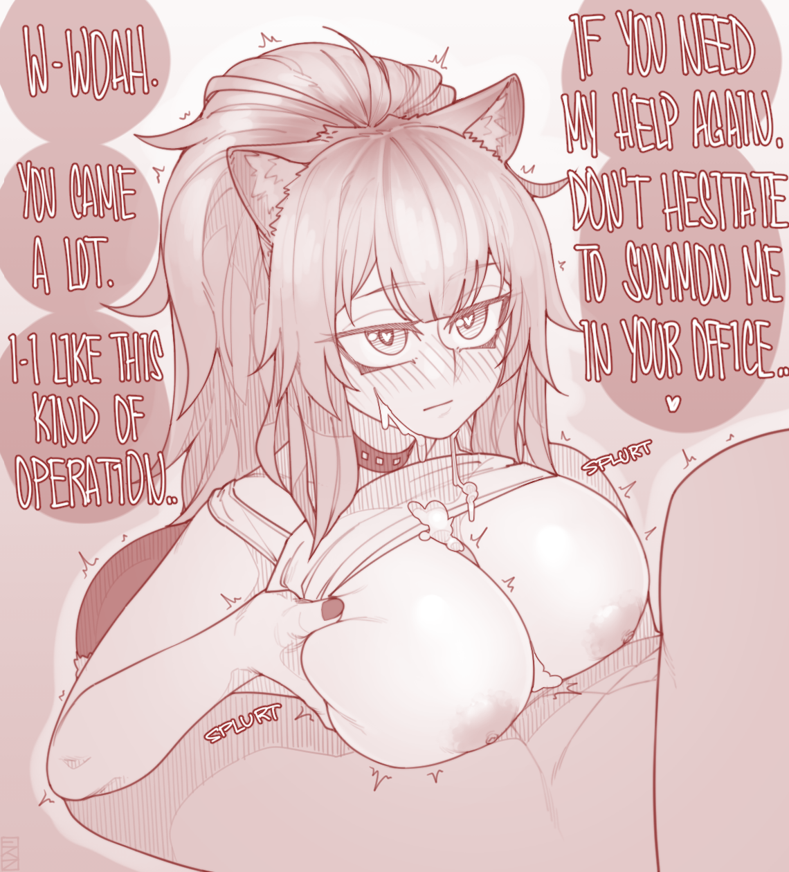 1boy, 1girls, animal ear fluff, animal ears, areolae, arknights, big breasts, black nails, blush, breast squeeze, breasts, breasts out, choker, clothed, clothed female, clothed female nude male, commentary, commission, cum, cum between breasts, cum on body, cum on breasts, cum on chest, cum on face, cum on upper body, dark-skinned male, deep skin, ejaculation between breasts, ekz, english, english commentary, english text, expressionless, facial, female, female focus, full-face blush, fully clothed, heart, heart-shaped pupils, highres, jitome, large breasts, lion ears, lion girl, long hair, looking up, male, monochrome, nipples, no bra, nude, outercourse, paizuri, penis, ponytail, siege (arknights), solo focus, speech bubble, straight, strap slip, studded choker, symbol-shaped pupils, tank top, tank top lift, text, young