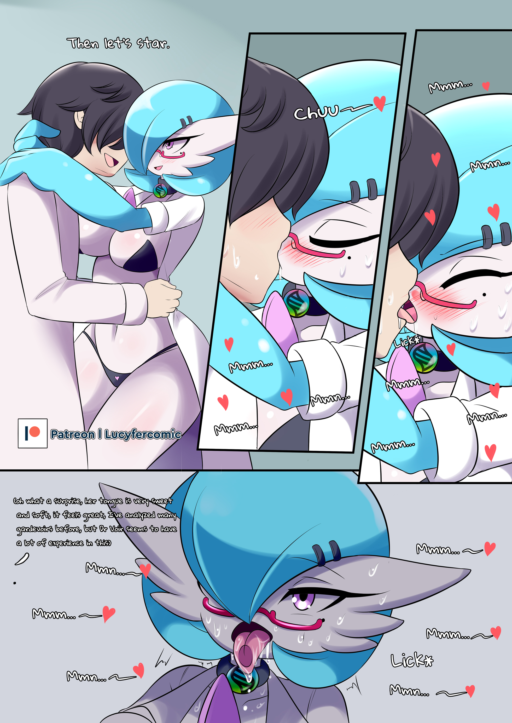 comic, dr. voir, female, game freak, gardevoir, glasses, human on pokemon, kissing, labcoat, lucyfercomic, nanosheep, nintendo, original character, pink eyes, pokémon (species), pokemon, pokemon (species), pokemon rse, shiny gardevoir, shiny pokemon, tagme, text, the professor (lucyfercomic), tongue, tongue out