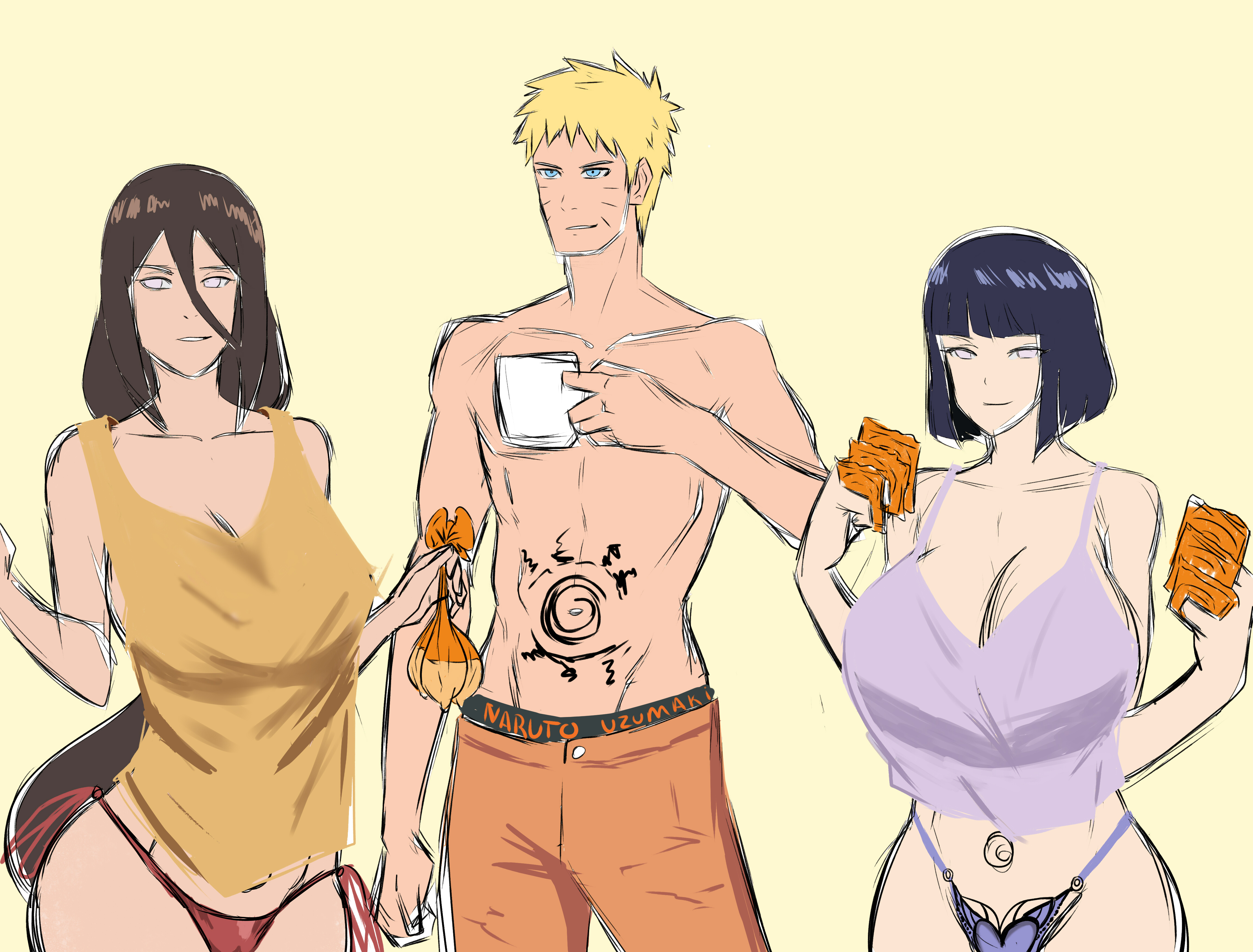 1boy, 2girls, after sex, before sex, blonde hair, blue eyes, blue hair, bob cut, boruto: naruto next generations, brown hair, condom, condom wrapper, female, hyuuga hanabi, hyuuga hinata, long hair, male, mature, mature female, milf, naruto, naruto (series), panties, pose, posing, purple eyes, purple panties, red panties, short hair, sisters, standing, swingers, tenshin-ta, topless, used condom, uzumaki hinata, uzumaki naruto, whisker markings, whiskers