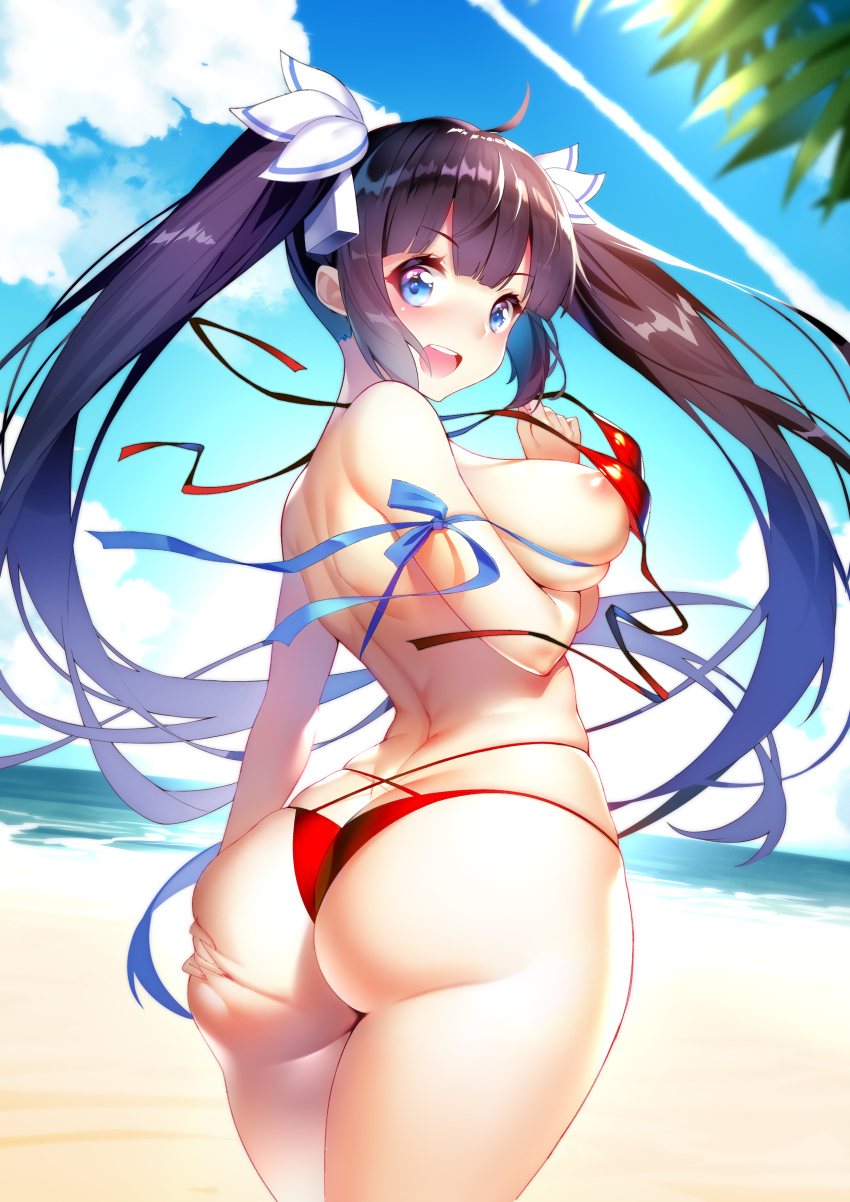 1girls :d absurdres ahoge areola areola_slip arm_ribbon arm_under_breasts ass ass_cleavage ass_grab back bangs bare_shoulders beach bikini black_hair blue_eyes blue_ribbon blue_sky blunt_bangs blush breasts butt_crack cloud condensation_trail cowboy_shot day deep_skin dungeon_ni_deai_wo_motomeru_no_wa_machigatteiru_darou_ka eyebrows_visible_through_hair female from_behind grabbing_own_thigh hair_ribbon hestia_(danmachi) highres huge_ass large_breasts long_hair long_twintails looking_at_viewer looking_back multi-strapped_bikini niccya ocean open_mouth outdoors palm_tree red_bikini rei_no_himo ribbon sand shiny shiny_hair shiny_skin shoulder_blades sideboob sidelocks skindentation sky smile solo thigh_gap thighs tongue tree twintails upper_teeth very_long_hair wardrobe_malfunction water