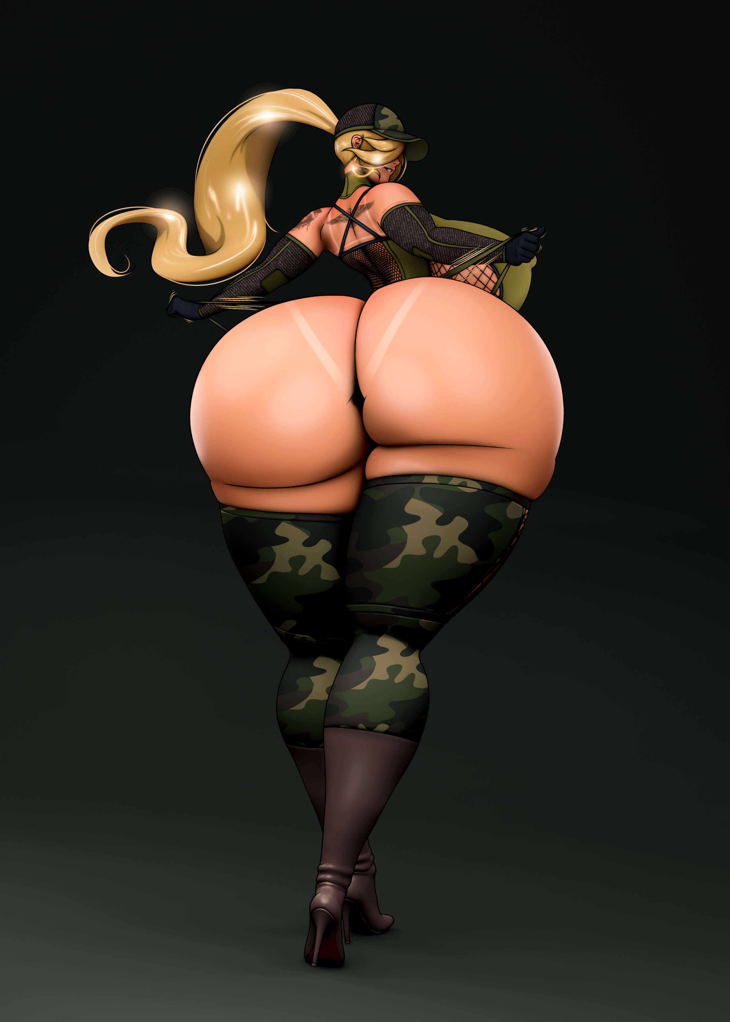 1girls, ass, ass cleavage tanline, big ass, black background, female, female only, from behind, full body, high heel boots, high heels, huge ass, hyper ass, looking at viewer, looking back, solo, someshittysketches, standing, thick thighs, wide hips